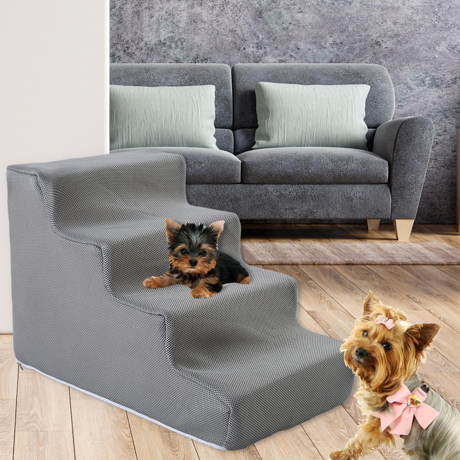 Hundetreppe, Leiter, Katzenrampe, Haustiertreppe, Stufen, Mehrzweck Haustierbedarf, rutschfest, Langlebig, Abnehmbare Abdeckung für Kleine Hunde Und K, 4-Stufen-Grau