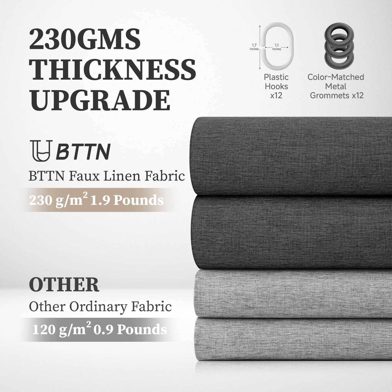 BTTN Rideau de douche de 198 cm de long, ensemble de rideaux de douche en tissu texturé épais et lin gris avec 12 crochets, rideaux de douche neutres pour hôtel imperméables en polyester pour salle de