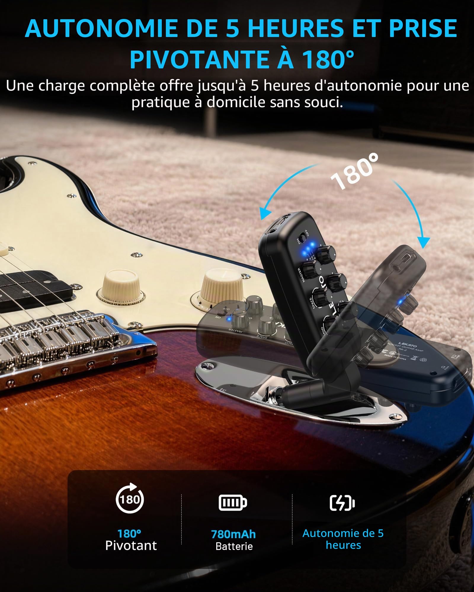 LEKATO Ampli de Casque pour Guitare, Ampli de Pratique Portable à Brancher pour Guitare Électrique et Basse, 9 Modèles d'Ampli & 6 Effets, Bluetooth 5.0, Prise Rotatif à 180°, Enregistrement OTG