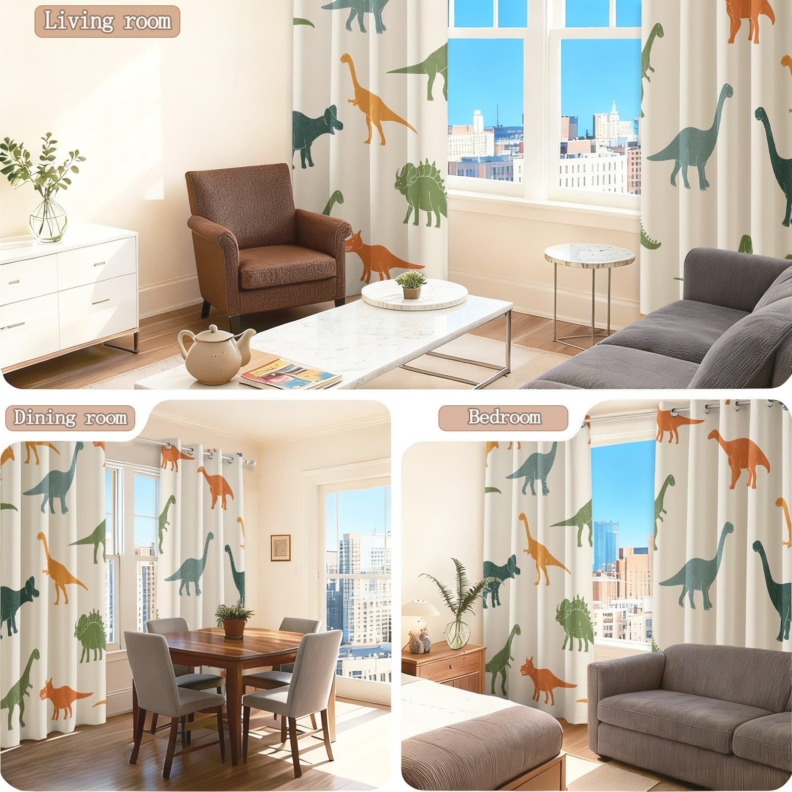 Rideaux Occultant 110L X 215H cm Lot de 2 avec Oeillets, Beige Rideau Salon Chambre Cuisine Dessin Animé Drôle Animal Dinosaure Rideau Thermique Isolant Anti Froid et Chaleur pour Garçon et Fille