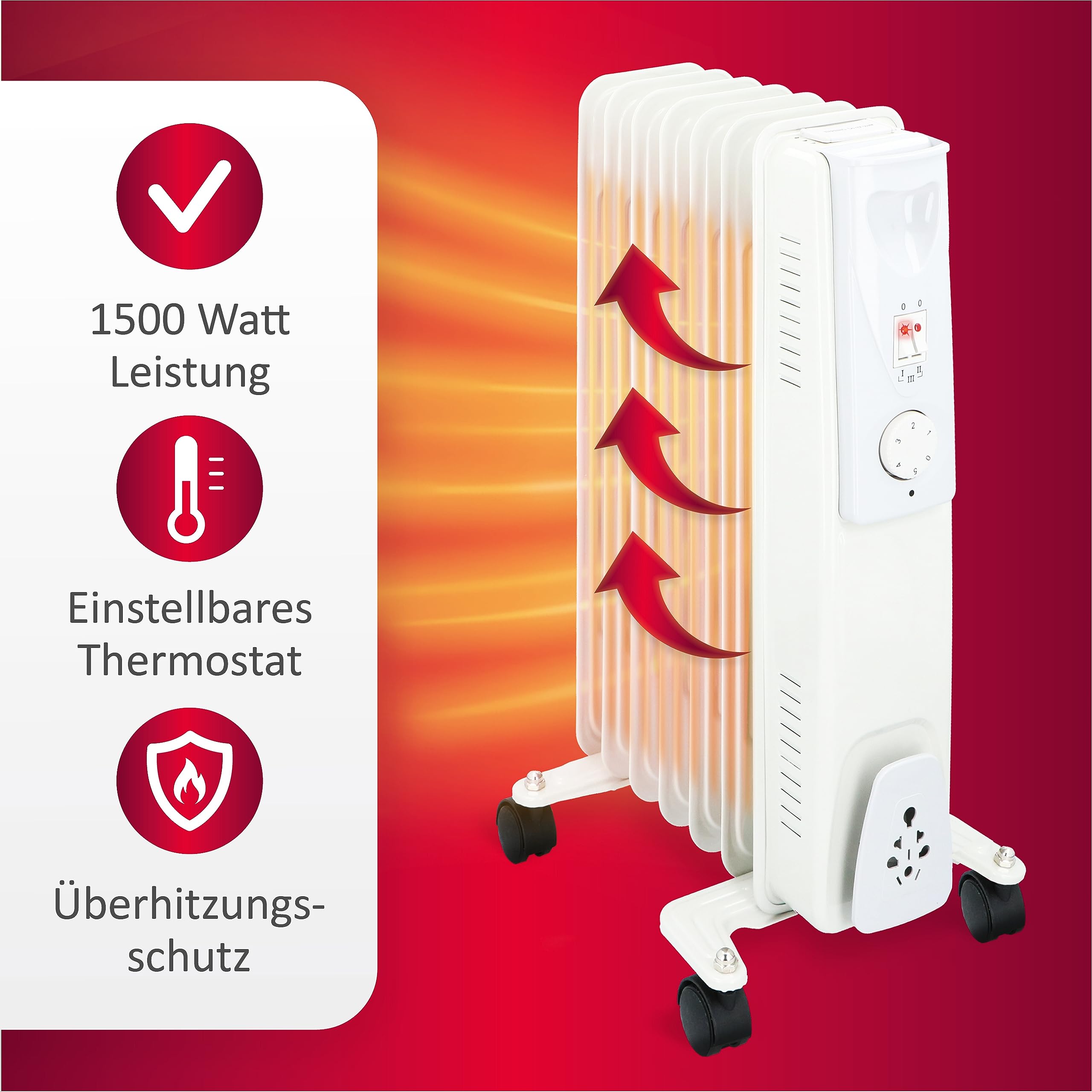 alpina Radiateur Bain d’Huile 1500W – Chauffage Bain d’Huile avec Thermostat – Radiateur Mobile avec roulettes et Protection Surchauffe – Blanc