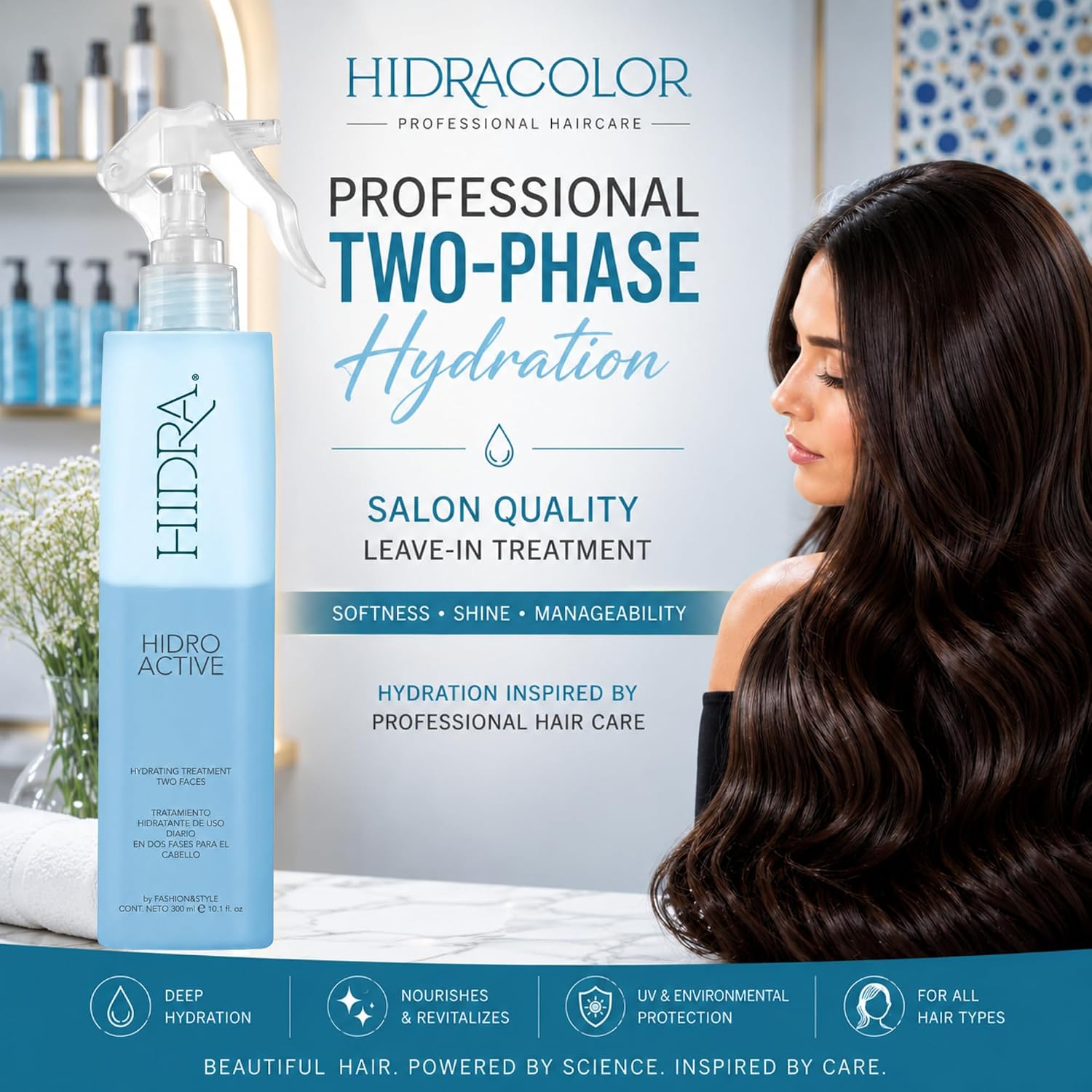 HIDRA Hidro Active Two Phase Leave-In Hair Treatment Spray 300ml – Hydrating Detangler with Aloe Vera, Keratin & Amino Acids – Tratamiento Hidratante para Cabello, Frizz Control & UV Protection