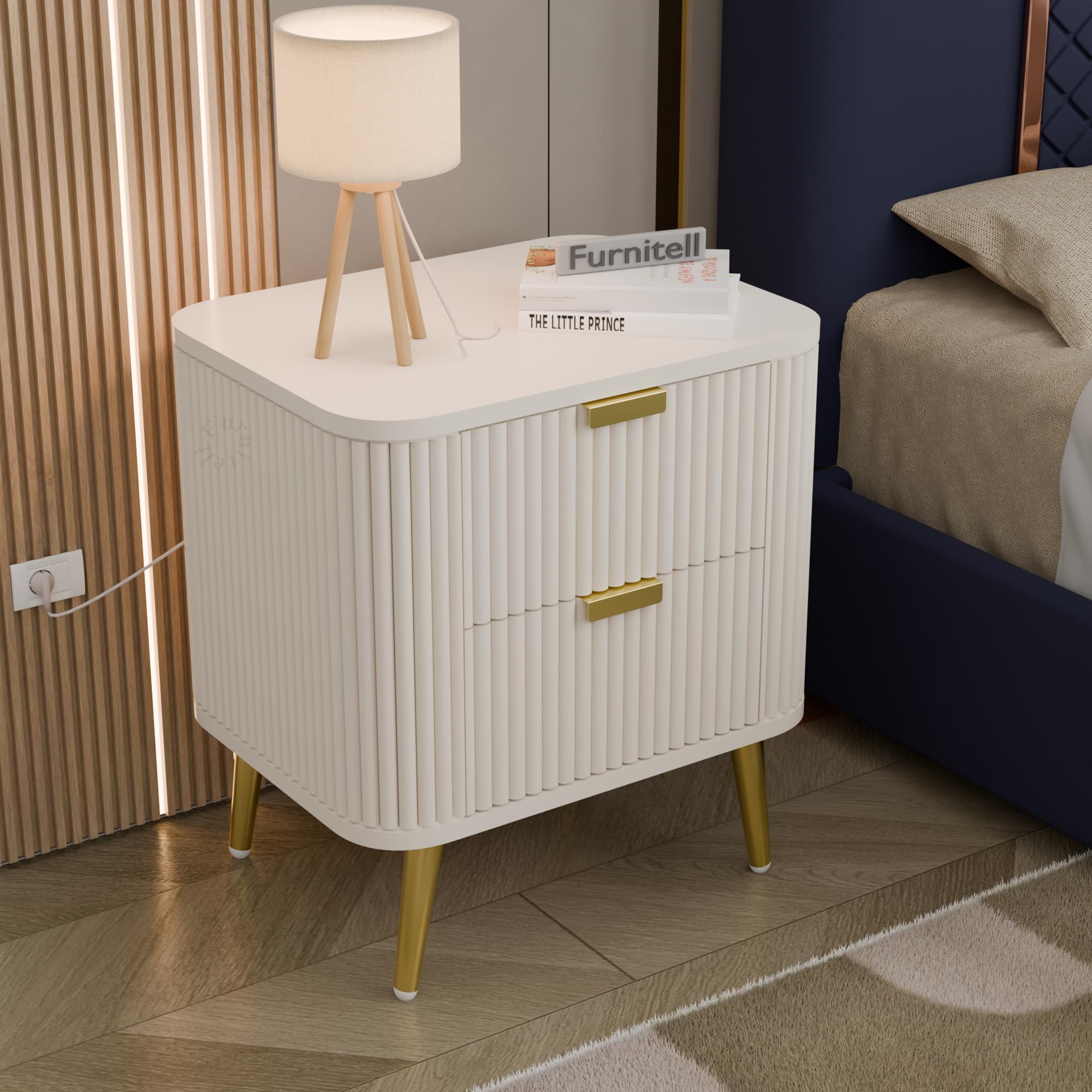 Premium HDMR Wood Bedside Table with 1 Drawer & Open Storage Shelf, Fluted Nightstand with Golden Legs for Bedroom, Modern End Table, for Living Room, White Finish (18 x 14 x 18 Inch)-image-40