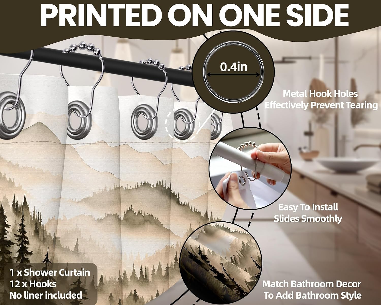 Dark Brown Forest Shower Curtain, 60X72 in, Mountain Pine Tree Bronze image 5