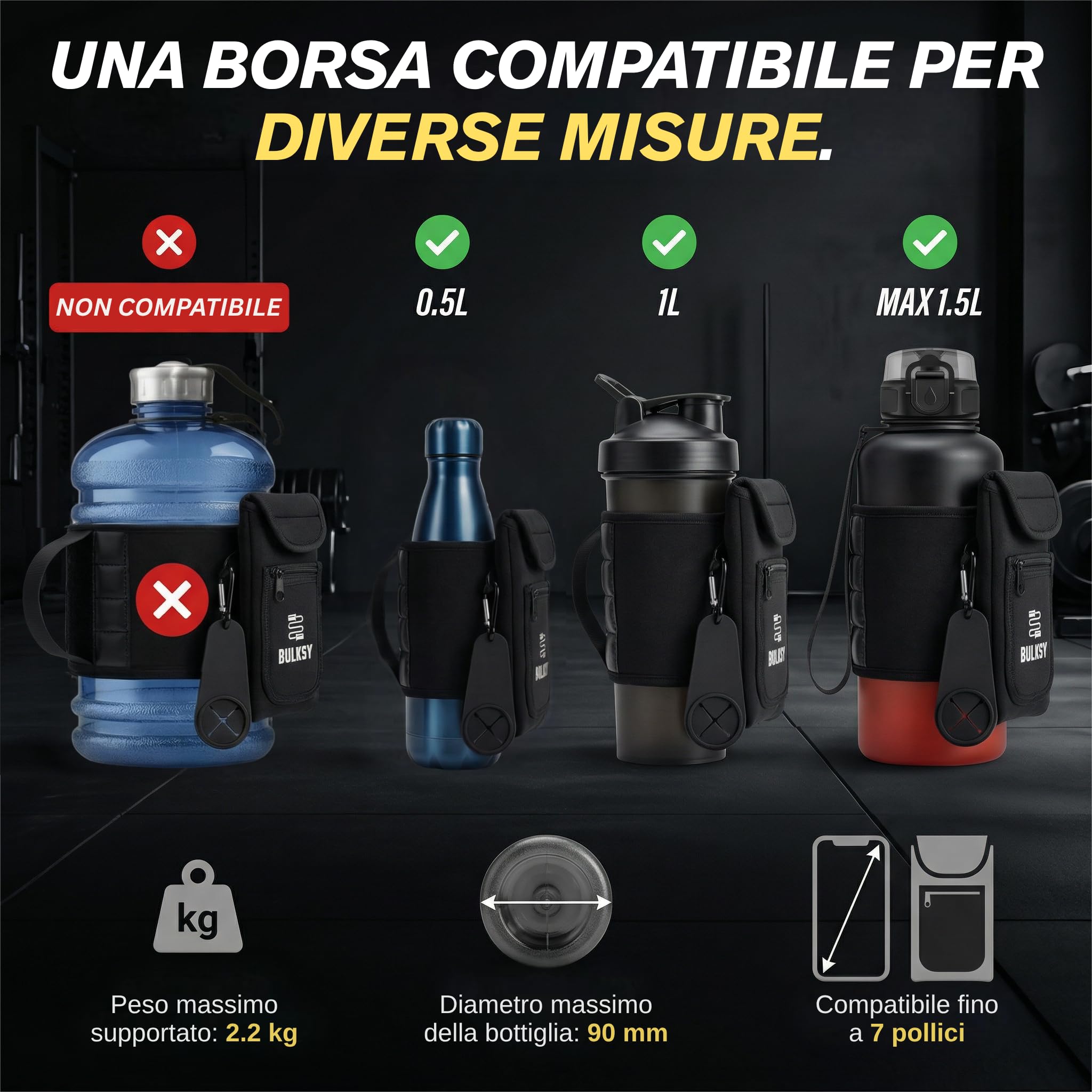 Borsa Magnetica per Accessori Palestra - Porta Borraccia con Tasca Smartphone e AirPods - Borsa Magnetica Palestra Accessori Versatile - Magnete per Macchinari Palestra - Adatta a Bottiglie 1L &1,5L