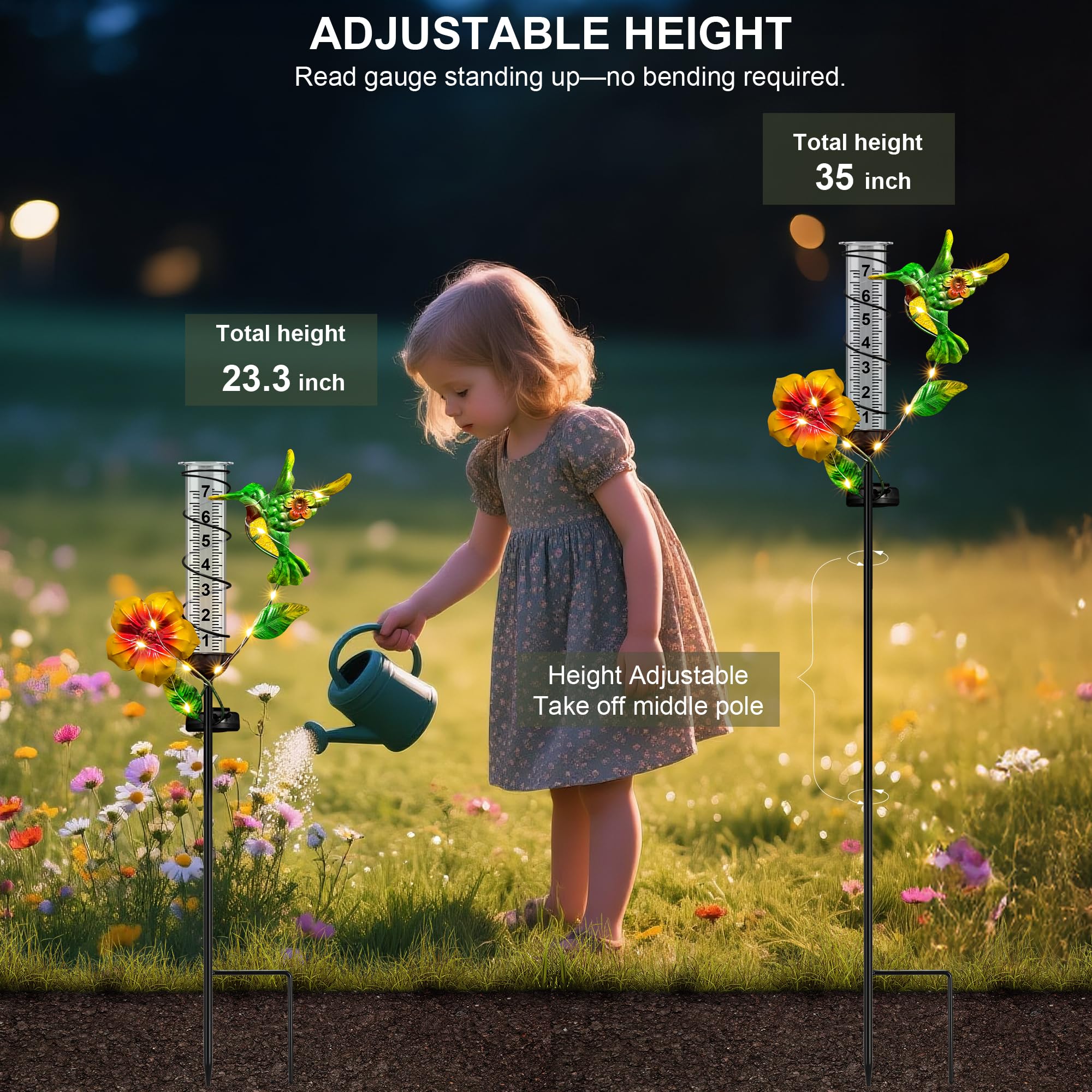 Pluviometro per esterni, con colibrì, con luci solari a LED, antigelo, regolabile in altezza, manometro in metallo per decorazione da giardino