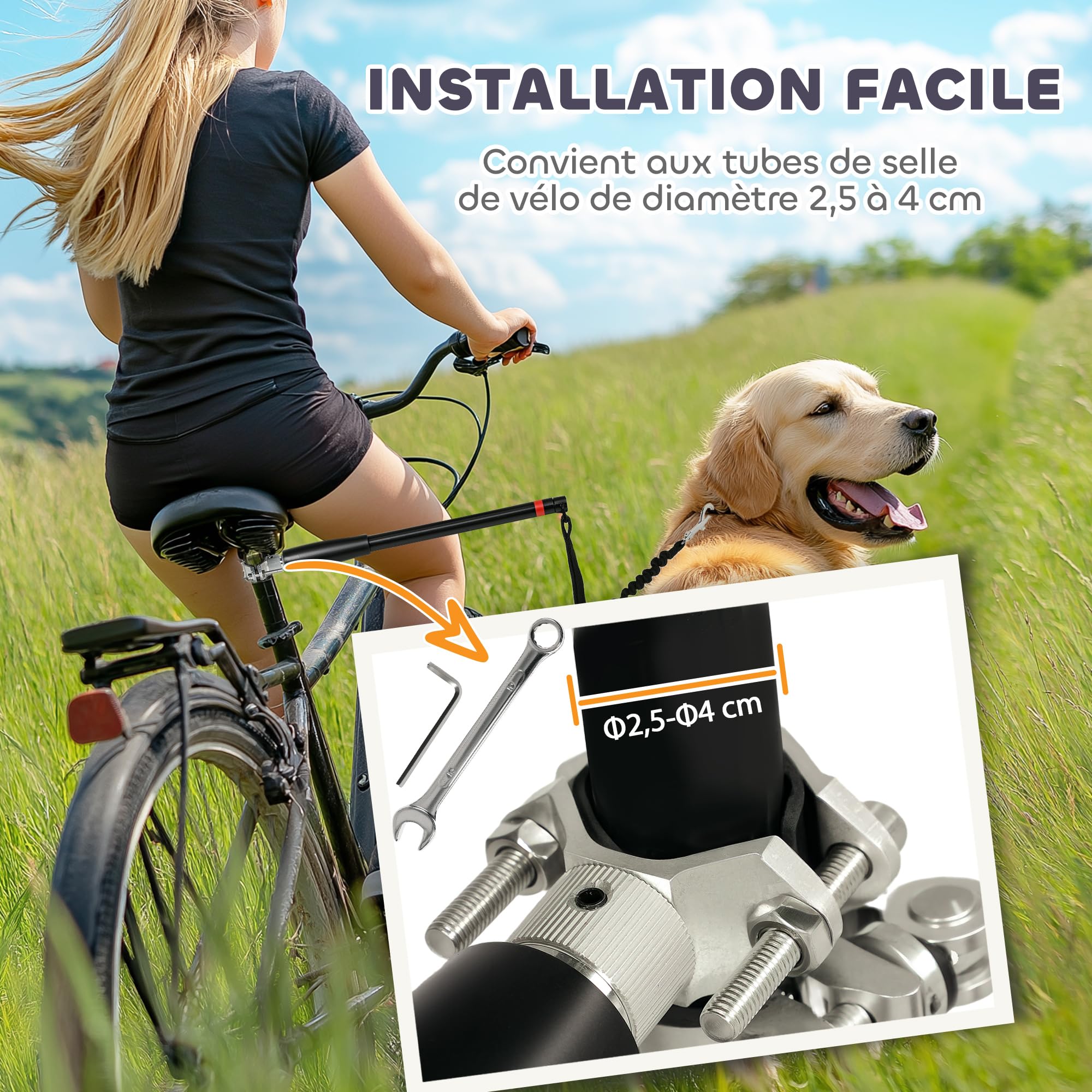 PawHut Laisse pour Chien pour vélo 124 cm, Facile à Installer et Amovible, vélo pour Chien Mains Libres, Laisse d'exercice pour l'entraînement, Le Jogging, Le Cyclisme, Acier et Polyester, Noir