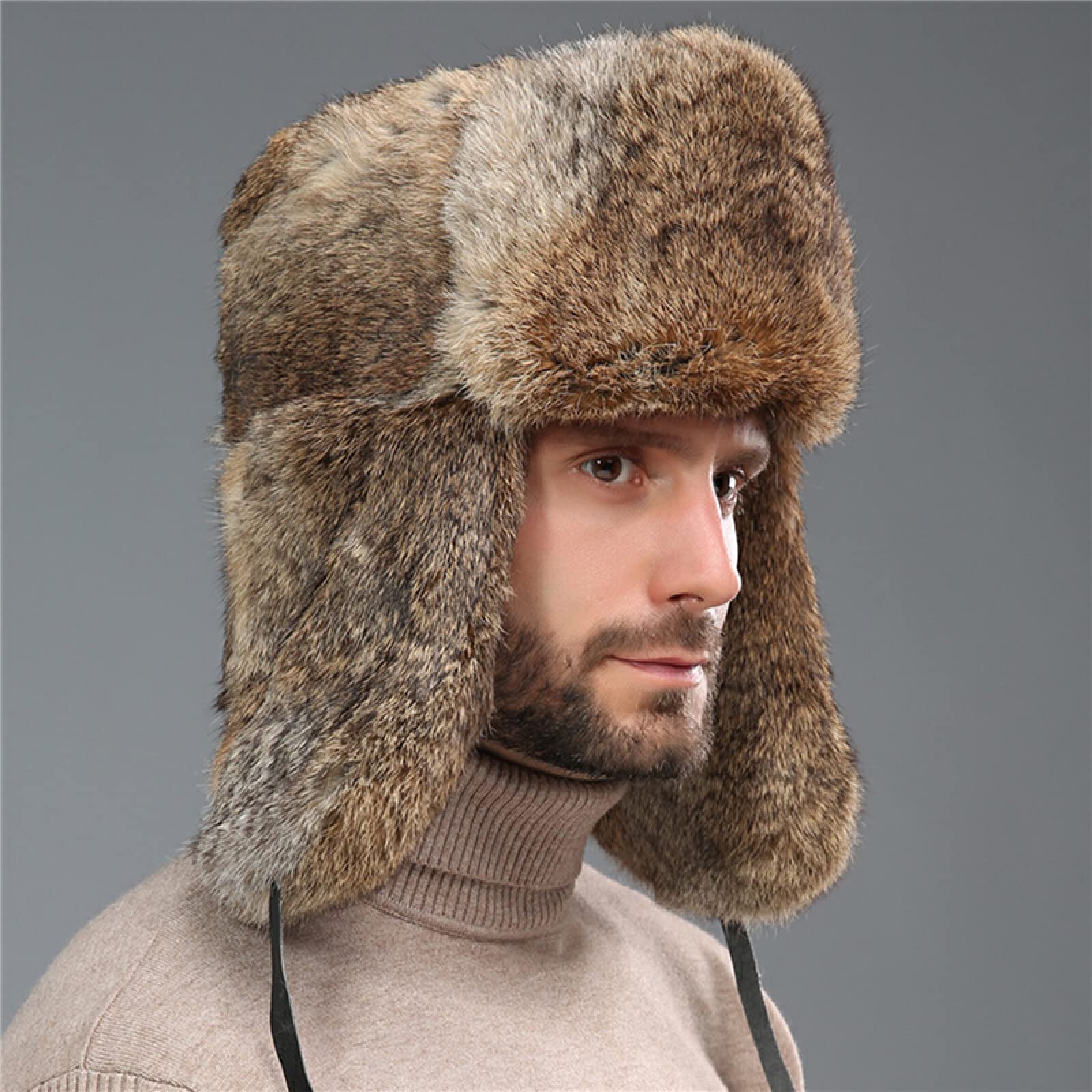 Russian ushanka fur hat, trapper hat with chin strap faux fur thermal windproof winter hats for men with ear flaps outside one size Russian hat