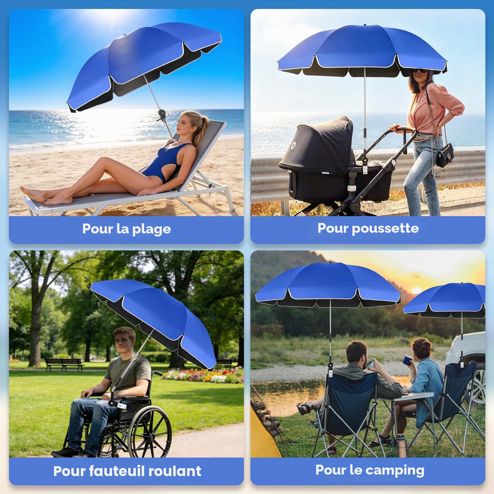panthem Lot de 2 parasols de plage pour chaise avec support de serrage, UPF 50+ réglable à 360°, parasol de plage compact pour chaise de plage, chaise longue, chaise de camping, fauteuil roulant