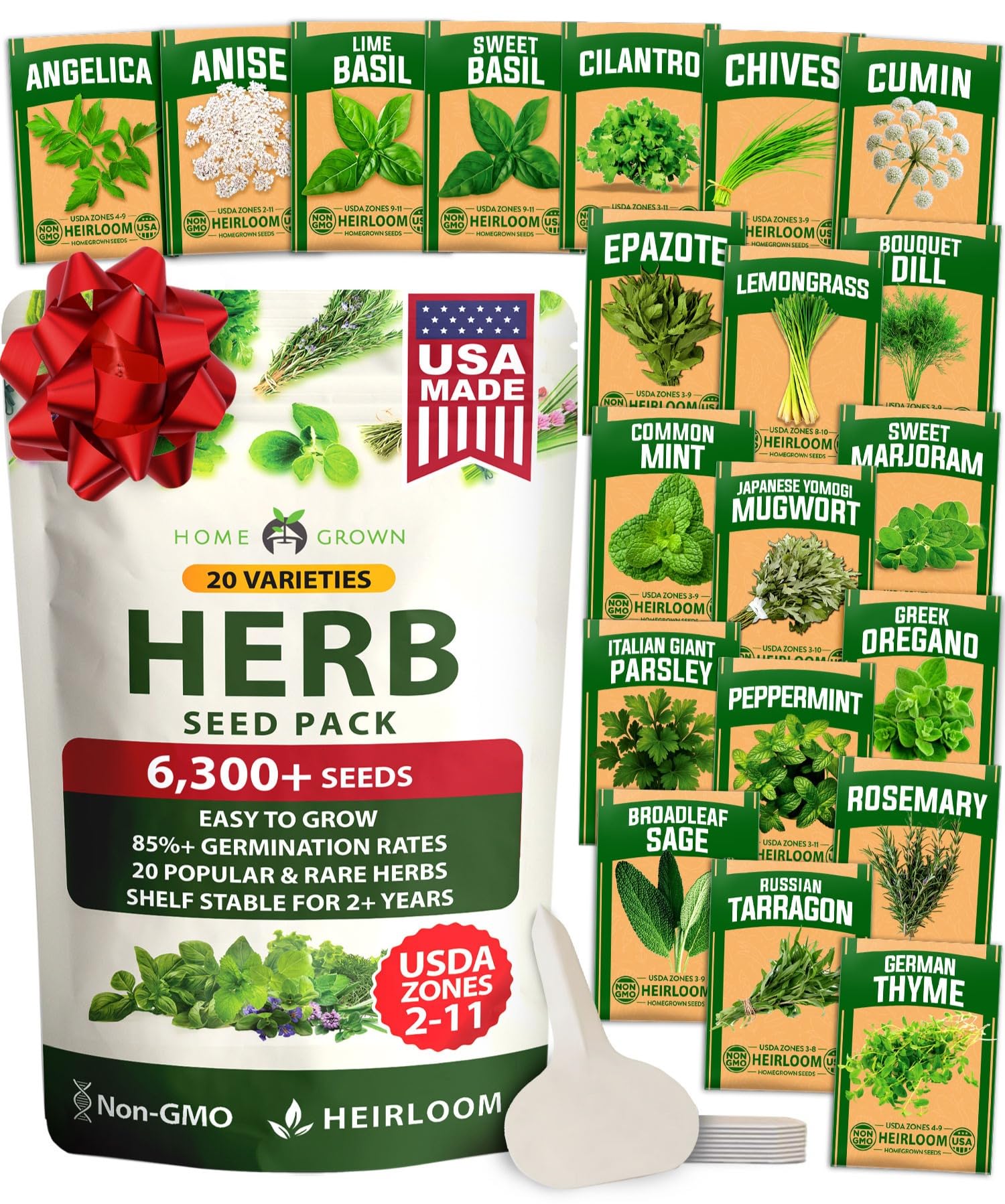 HOME GROWN Premium HERB Seeds Variety Pack - 20 Heirloom Herb Seeds for Planting - 6,000+ Non-GMO Seeds with Plant Markers - Indoor Outdoor Hydroponic Herb Garden - Culinary & Medicinal Herbs
