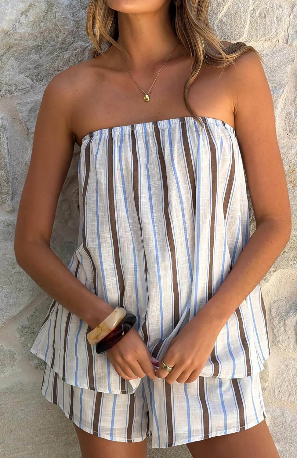Dsewpaur Women Striped 2 Piece Short Set, Sleeveless Tube Top Summer Matching Outfits for Beach Vacation Travel