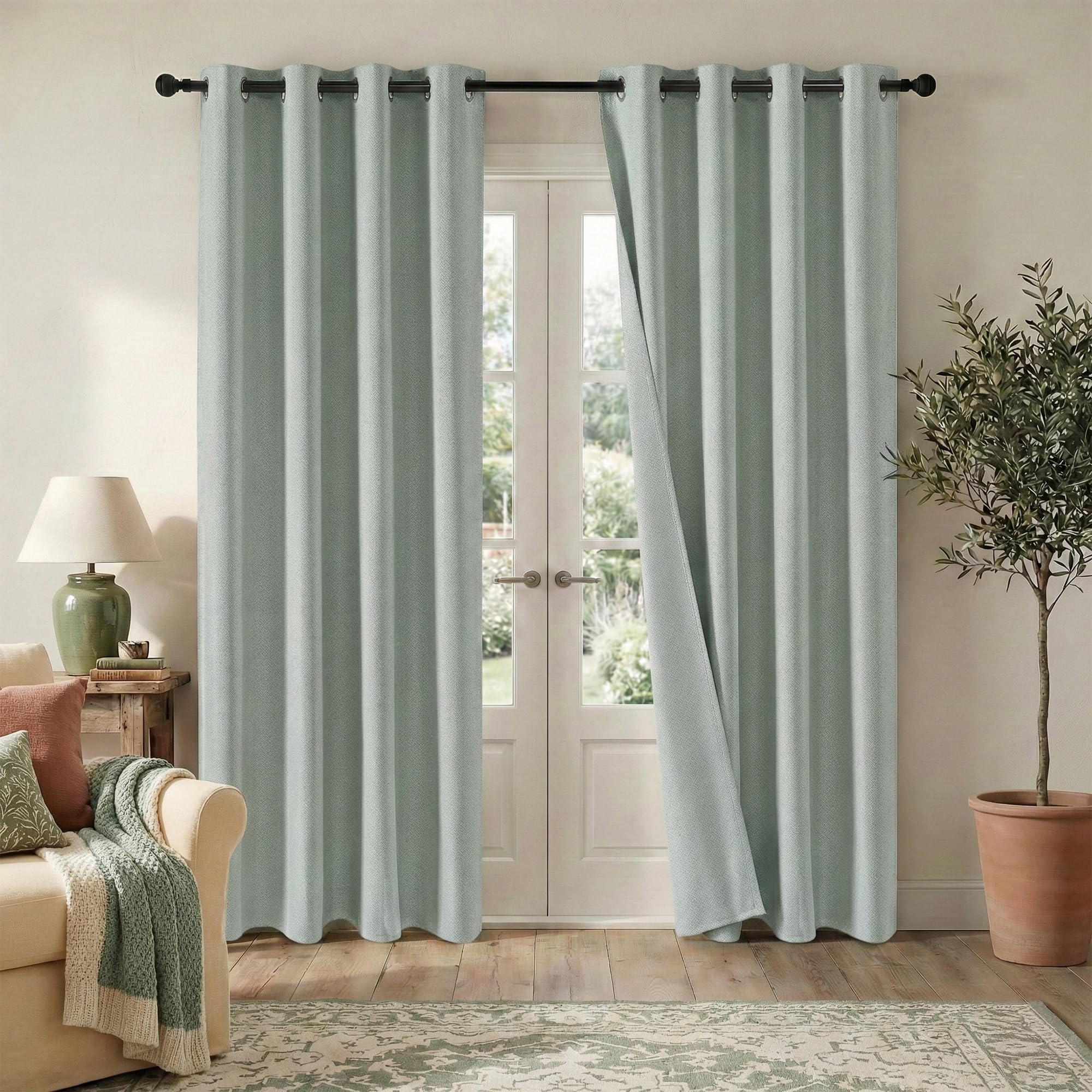 PONY DANCE Light Green 100% Blackout Curtains for Living Room - Faux Linen Eyelet Thermal Insulated Curtains Energy Saving Window Drapes for Bedroom, W52 x L72 inch, 132 x 183 cm, 2 Panels — image 1