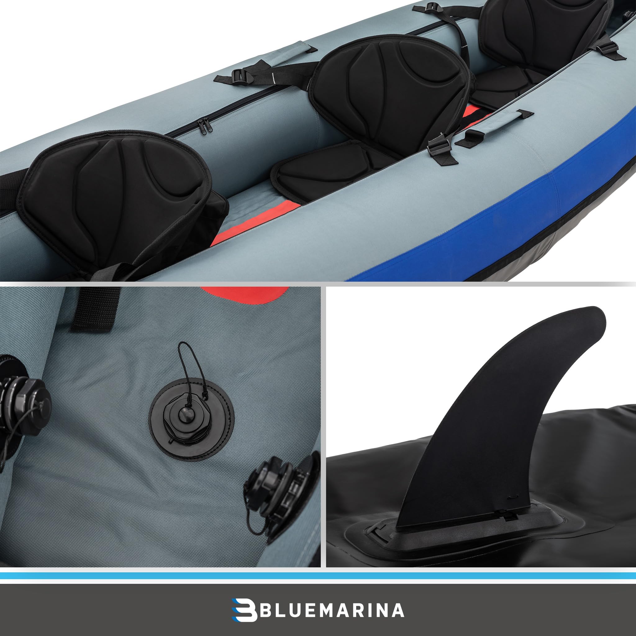 Bluemarina Kajak aufblasbar Samoa | Kanu für 1 oder 3 Personen - Luftkajak mit Paddel - Pumpe - Tasche - Aufblasbares Paddelboot - Kajaks Zubehör - Schlauchboot - Angelkajak - Wasserboot