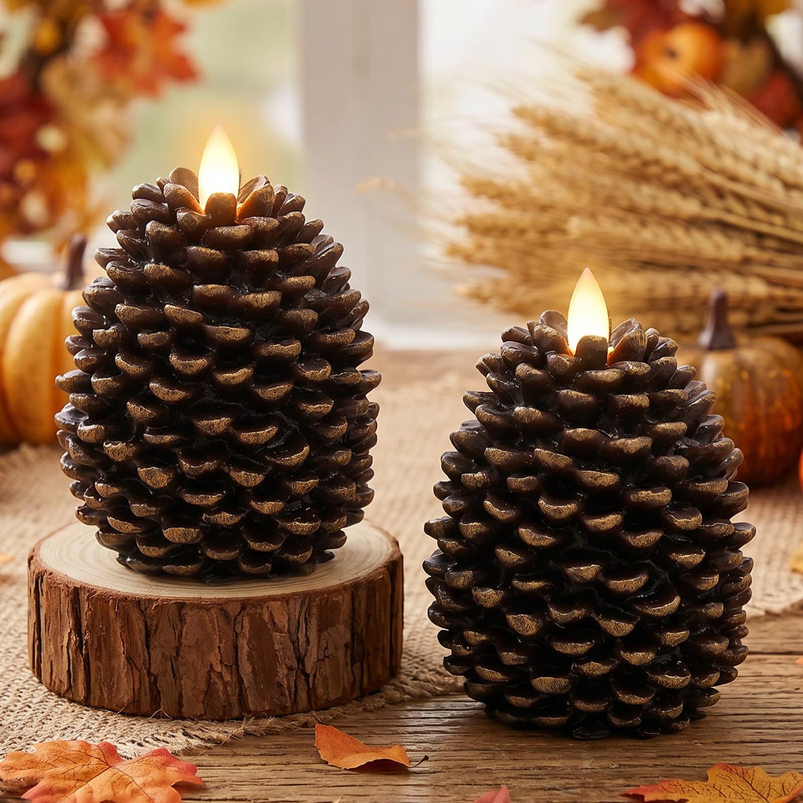 Eldnacele Bougies LED en forme de pomme de pin avec minuteur, bougies sans flamme fonctionnant à piles en cire non parfumée en pomme de pin marron - Lot de 2 pour décoration de Noël, fête à domicile