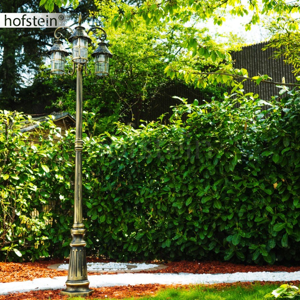 Lampada da esterno Tolep, candelabro in stile antico, metallo in marrone/oro, con vetri veri, lampada da sentiero a 3 bracci da 220 cm, lampada da giardino retrò/vintage, E27, IP44, senza lampadina/e