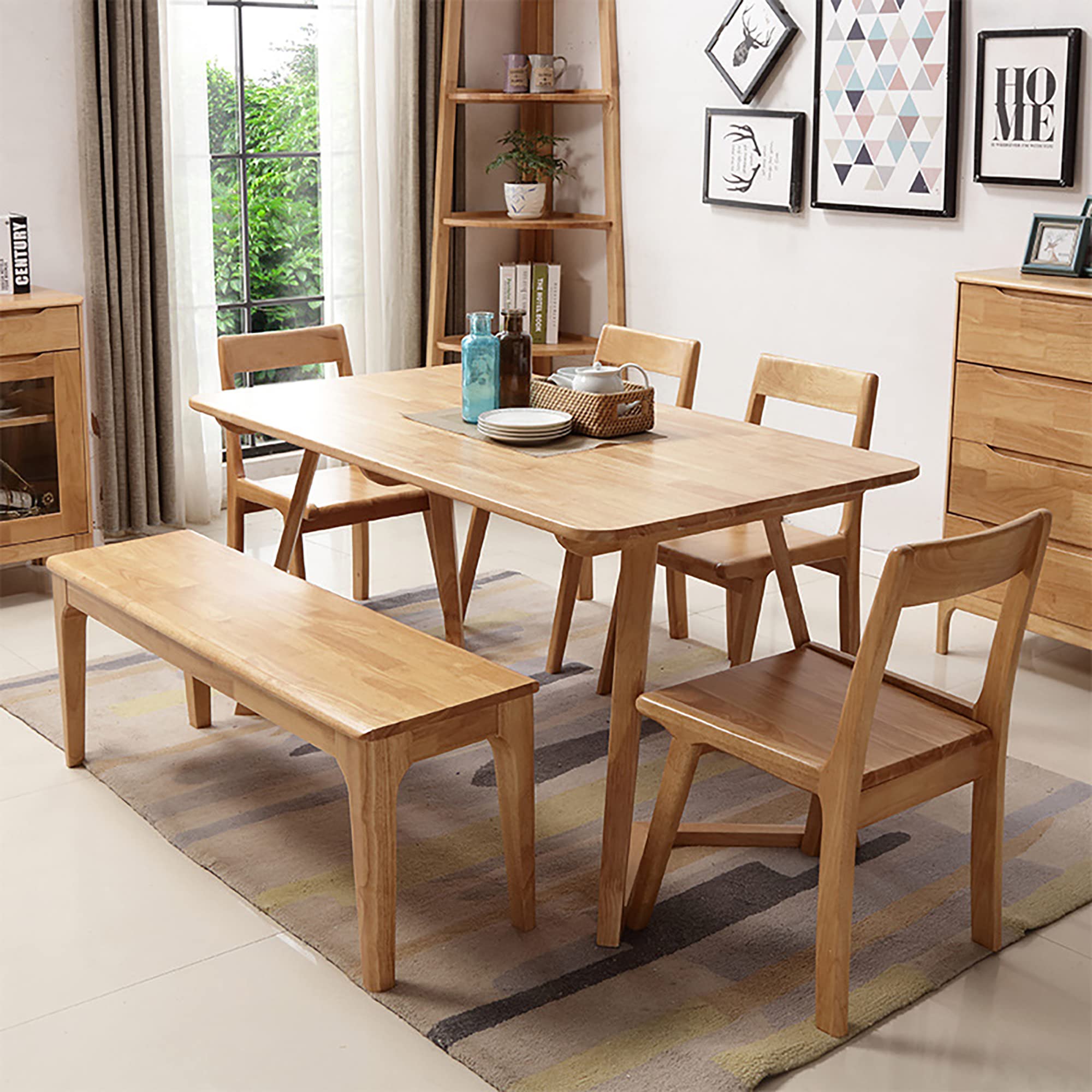 Dining Bench Wood Solid Oak Wooden Bed End＆Entryway Bench for Bedroom Living Room Kitchen(Natural)