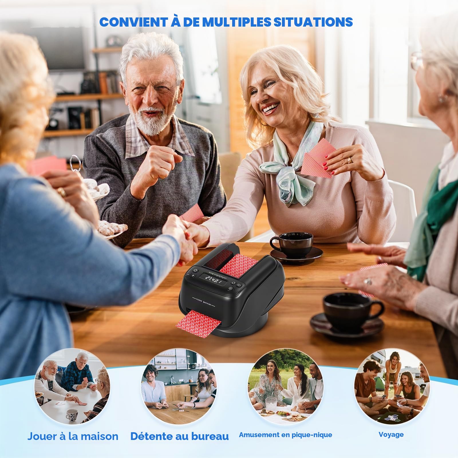 Distributeur de cartes automatique, réglable pour 8 joueurs, capacité de distributeur de cartes pour jusqu'à 4 jeux de cartes, base rotative à 360°, modes de distribution de cartes diagonales