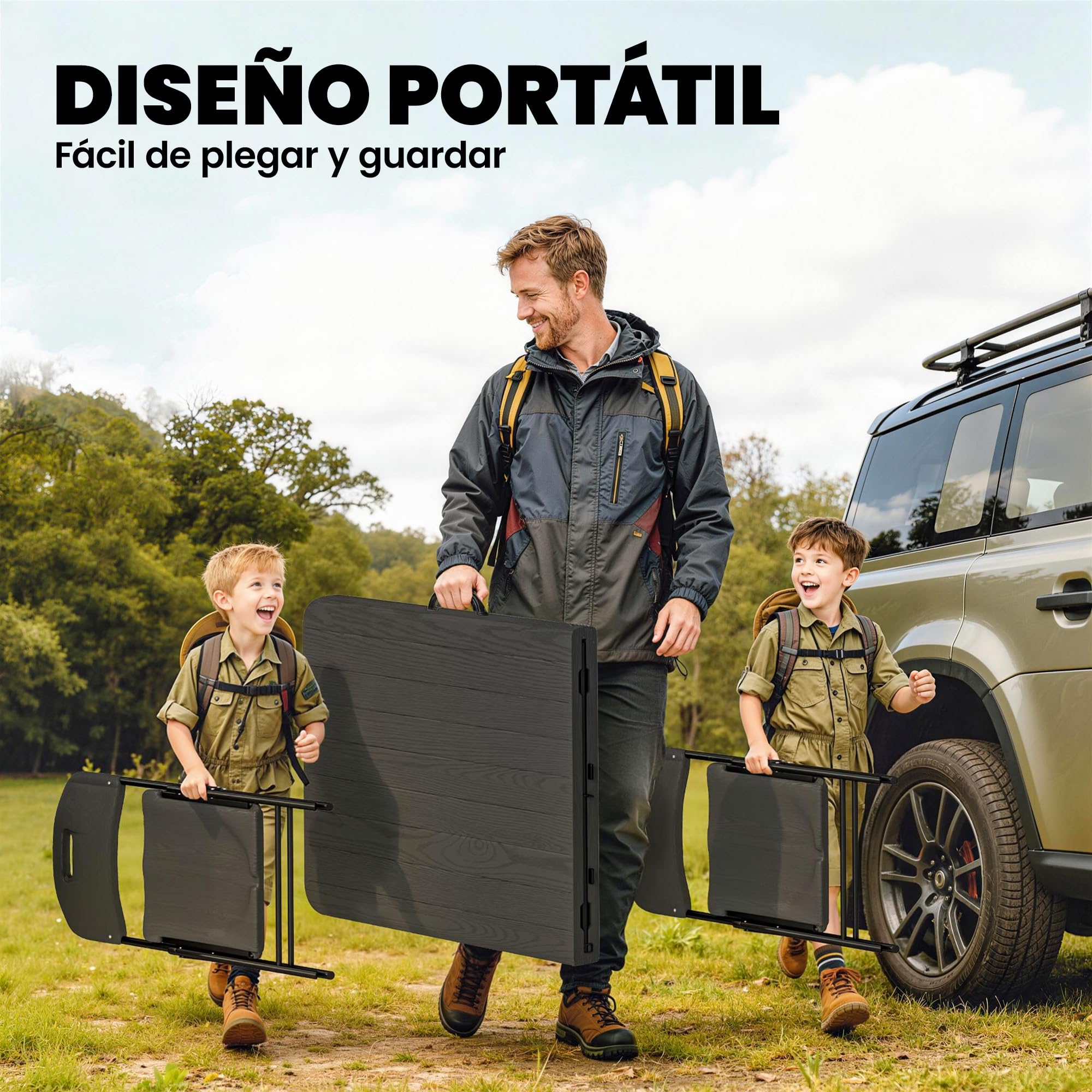 Outsunny Conjunto de Camping Plegable de 5 Piezas Mesa Plegable Camping con Sillas Incluye 1 Mesa 180x74x74 cm y 4 Sillas Tapa Impermeable HDPE y Estructura de Metal para Acampadas Jardín Pícnic Negro