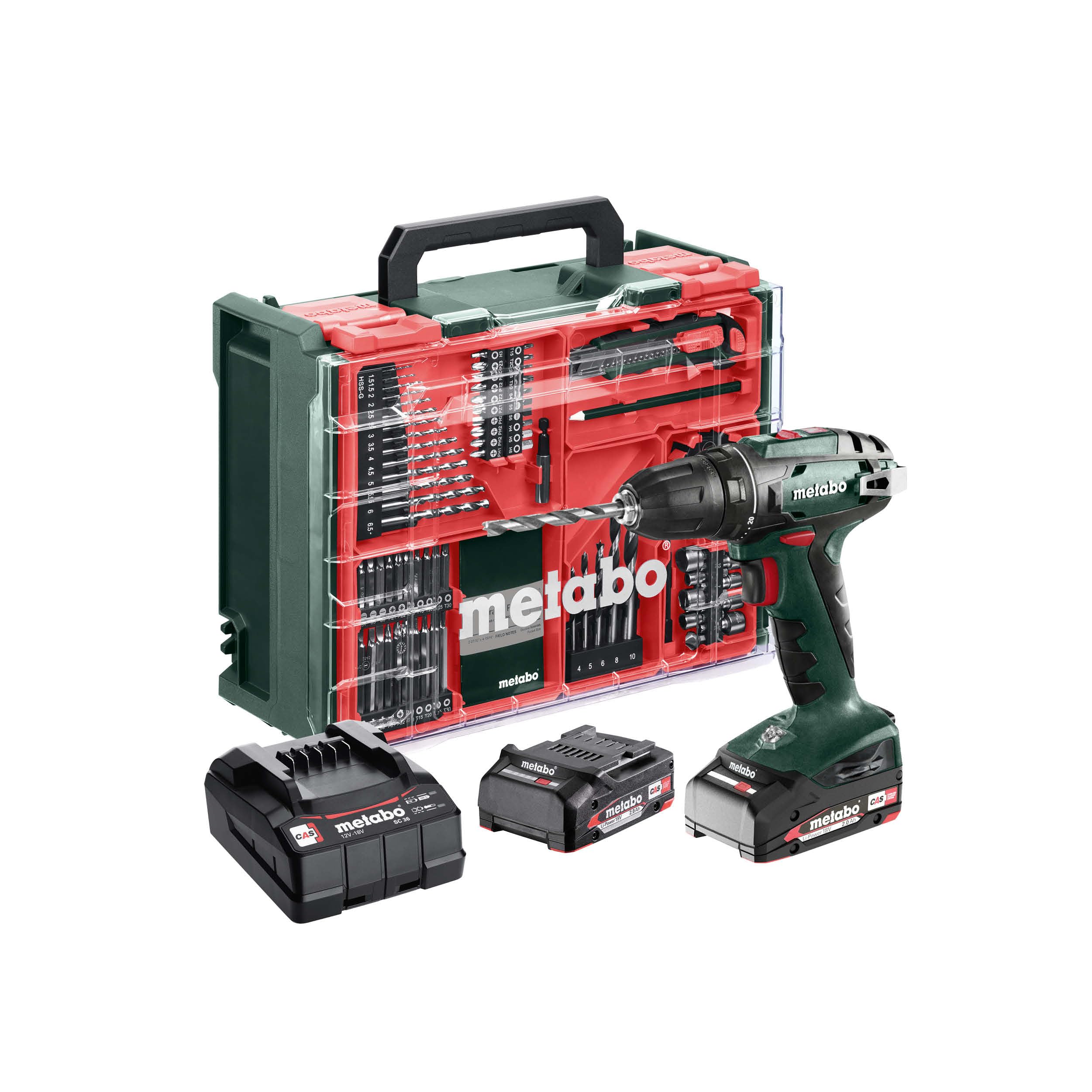 metabo Akku-Bohrschrauber BS 18 Set, 18 V Schrauber, 74-tlg. Zubehör-Set | Mobile Werkstatt im Koffer, inkl. 2 x 2.0 Ah Li-Power Akkus, Ladegerät, LED-Licht, Gürtelhaken, Schnellspannbohrfutter