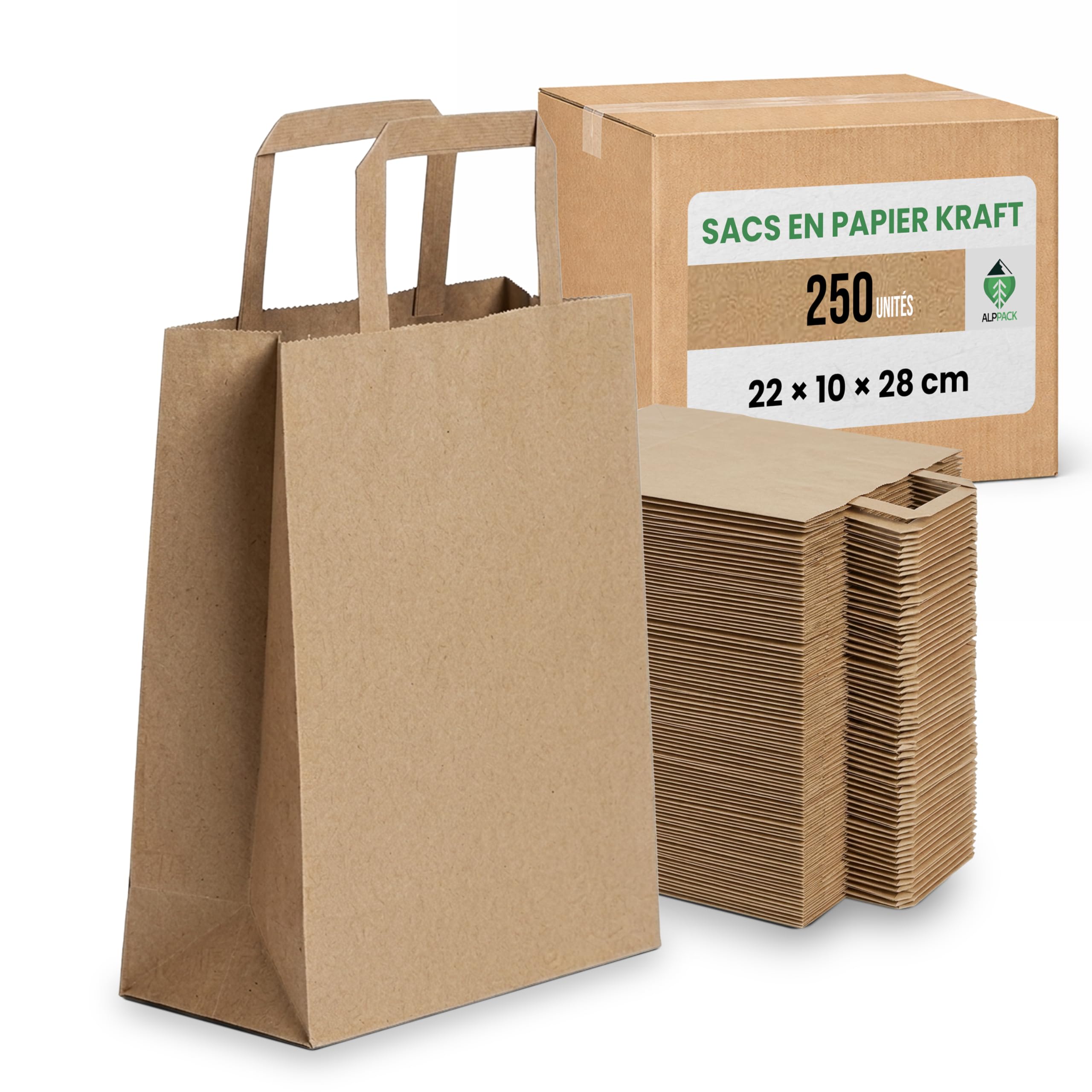 Bolsa Kraft con asas - 250 bolsas de papel Kraft 22 + 10 x 28 cm - Bolsa de regalo resistente para cumpleaños, Navidad y Pascua - Papel Kraft reciclable para tienda y embalaje