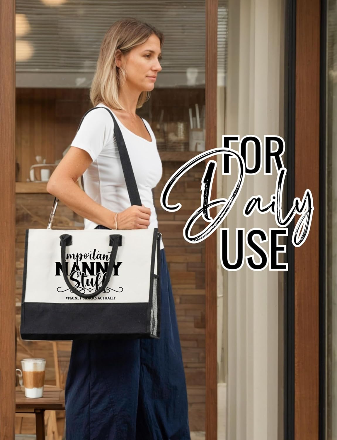 InnoBeta Nanny Gifts Canvas Tote Bag for Grandma, Important Nanny Stuff Bag with Top Zipper Closure and Shoulder Strap for Birthday, Mother's Day, Christmas
