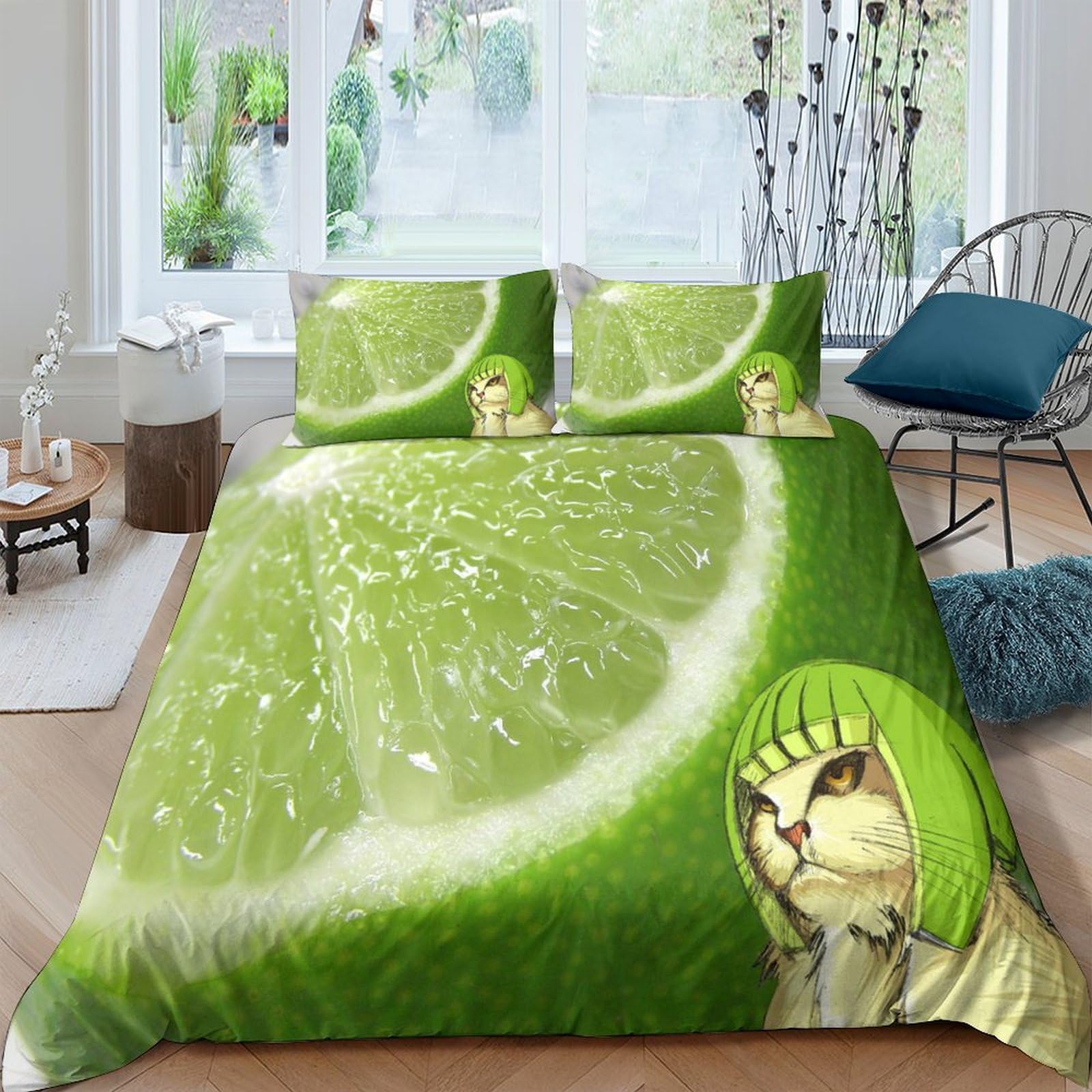 Housse de couette chat citron 3D lit double King 220x240 microfibre
