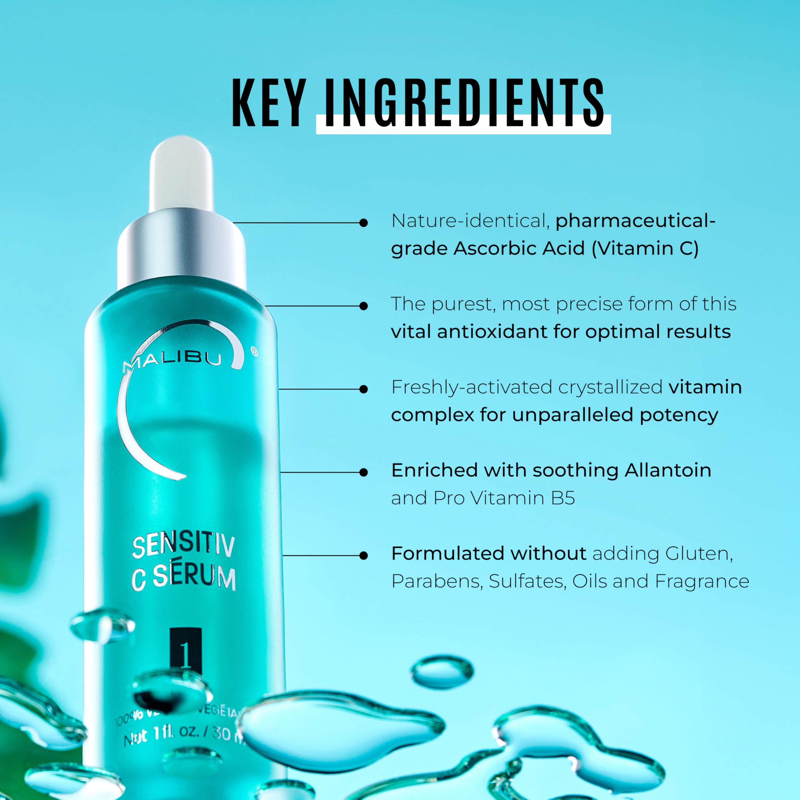 Malibu C Sensitiv C Face Serum - Vitamin C Serum for Combination & Sensitive Skin - Balances, Brightens & Protects with Ascorbic Acid, Allantoin & Pro Vitamin B5 (1 fl oz)