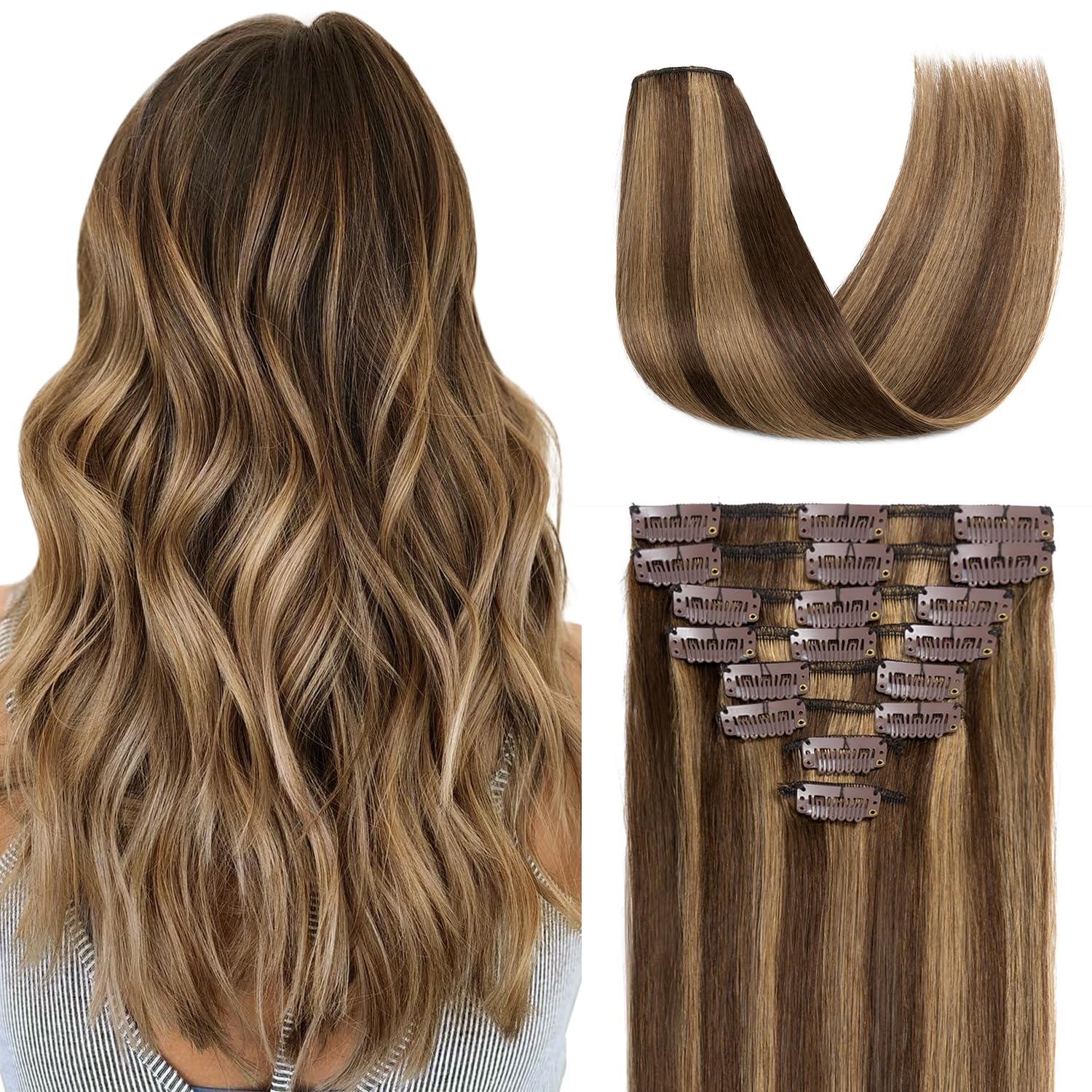 TESSHAIR Clip in Hair Extensions Real Human Hair 10 Inch Human Hair Clip in Extensions Medium Brown & Dark Blonde Hair Extensions Clip ins Double Weft