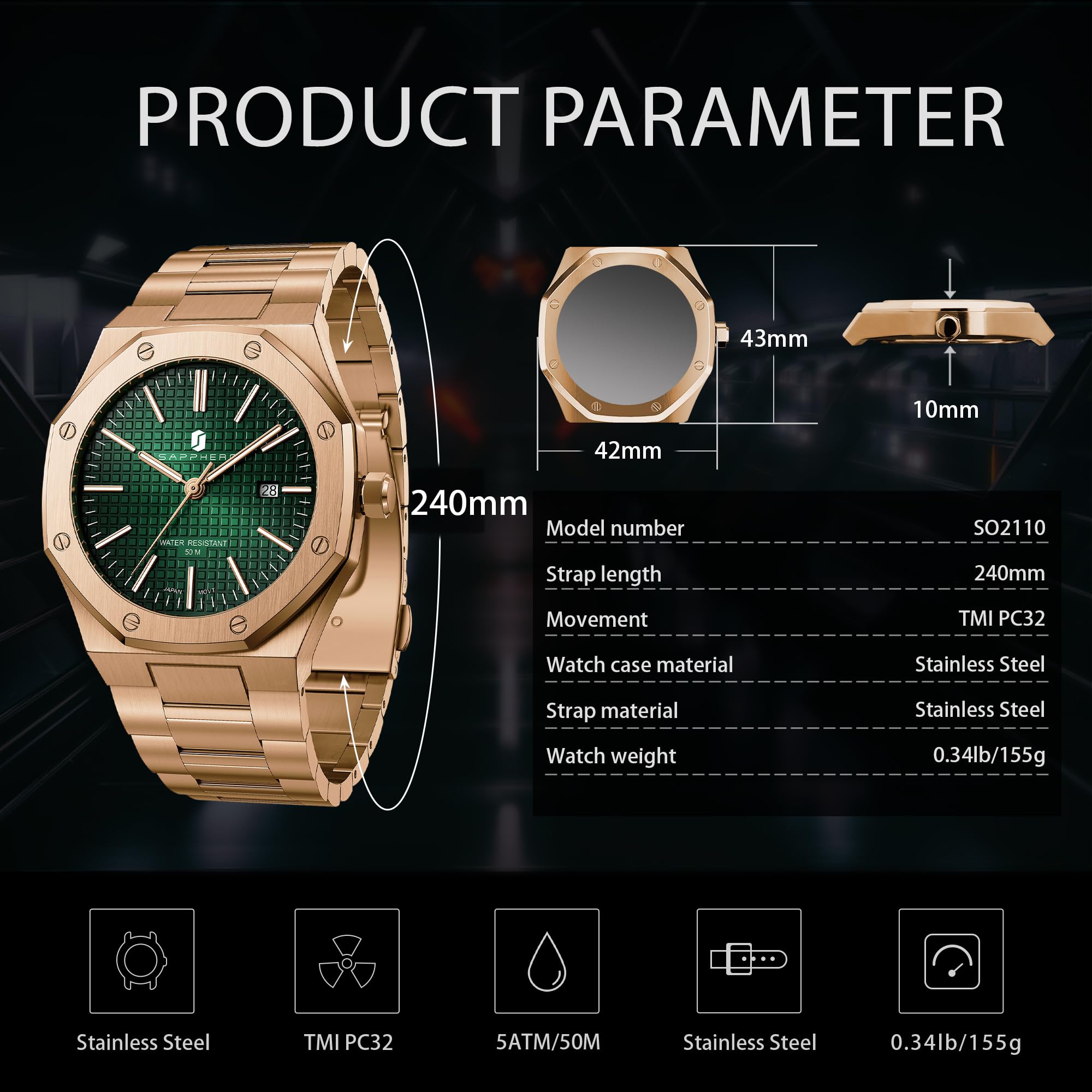 SAPPHERO Uhren Herren Quarzwerk Silber Edelstahl Armband 50M Wasserdicht Datum Kalender Schwarz Blau Herrenuhren Armbanduhr Geschenke für Männer