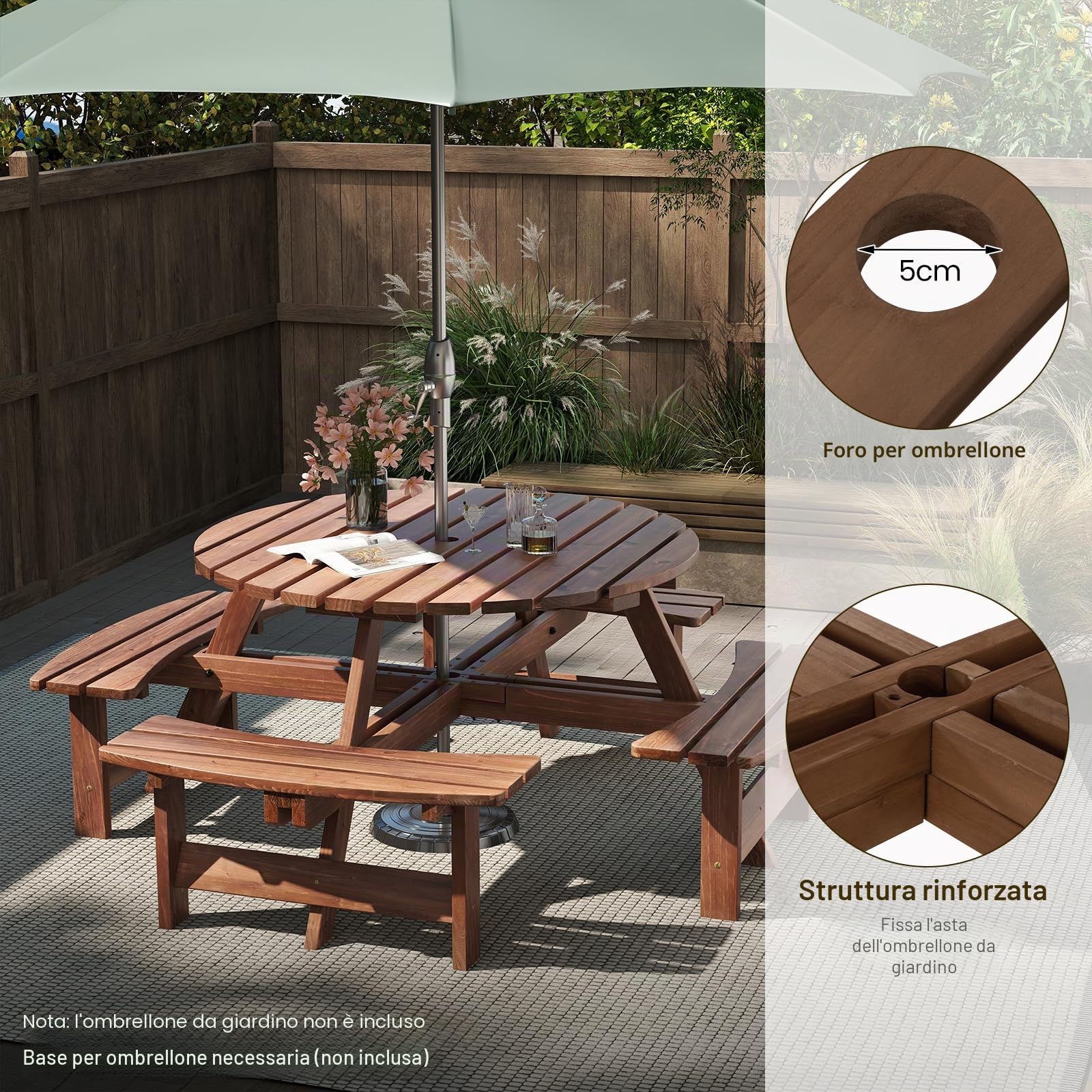 GIANTEX Set da Giardino in Legno di Abete 8 Persone Tavolo con Sedie Integrato Foro Ombrellone 178x70 cm