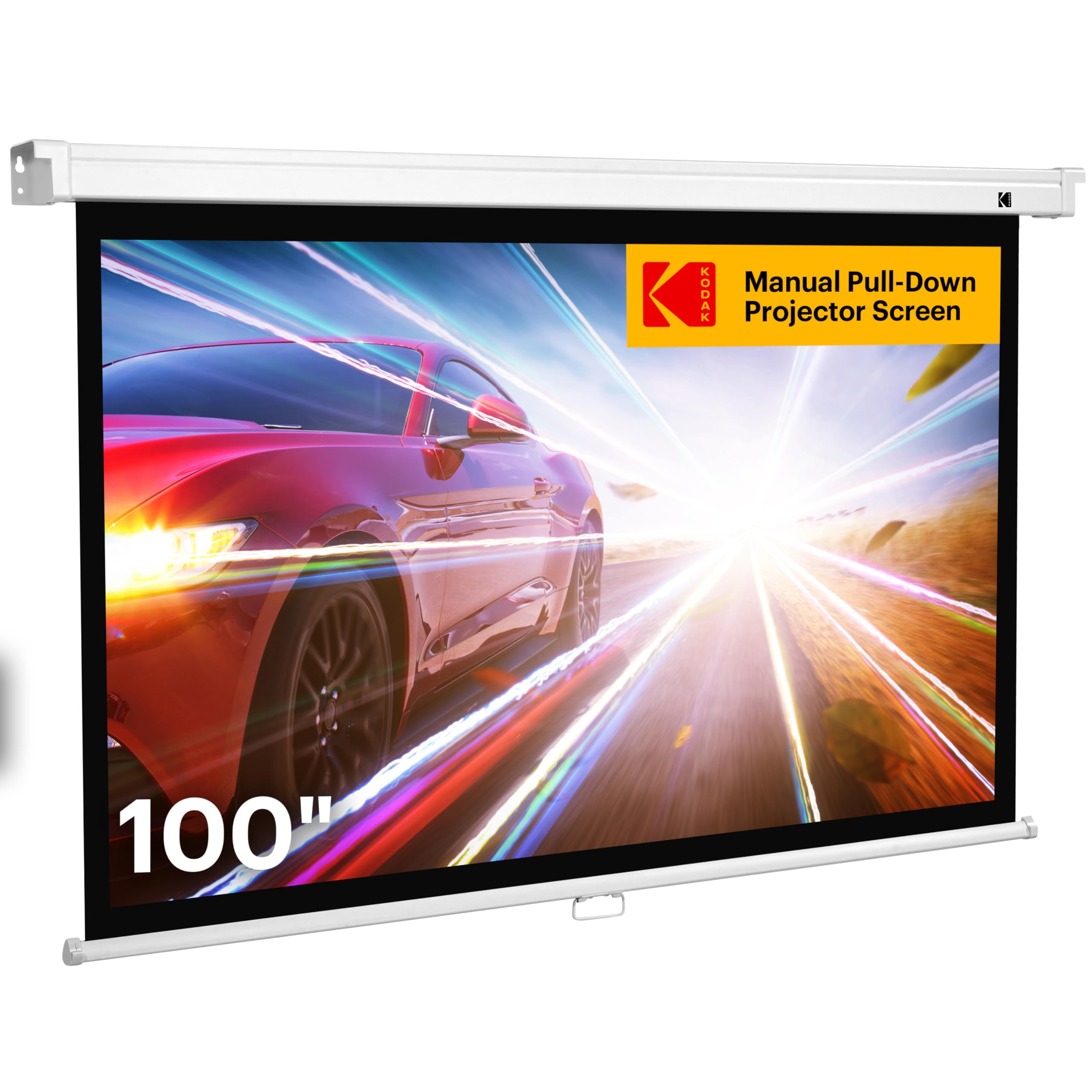 KODAK Manual Pull-Down White Projector Screen 100" Inch | Large 16:9 Office, Home Movie Theater Screen with Wall & Ceiling Mount Options, Easy-Clean