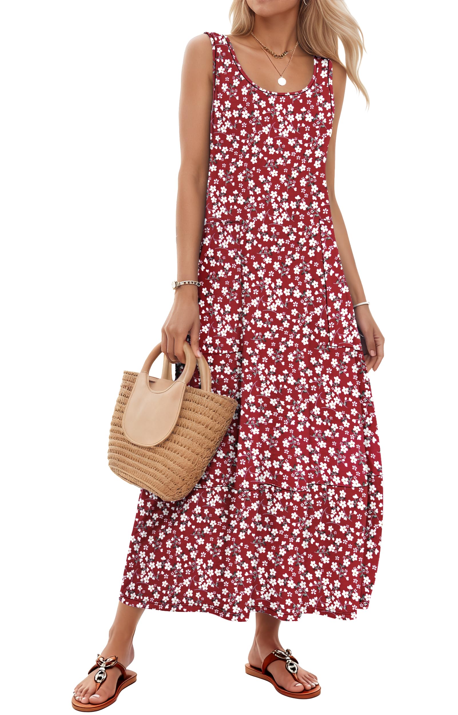 MOLERANI Robe Longue Femme sans Manches de Plage Robes Maxi à Col en U avec Poches Été Robe Hippie Boheme S-2XL