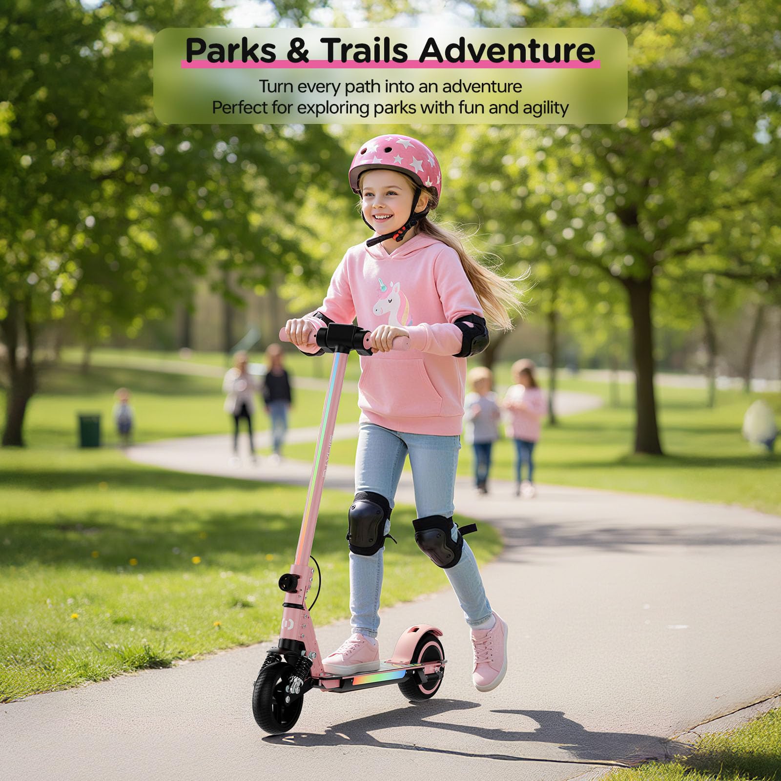 S5 Patín eléctrico para niños, Scooter Plegable para niños con iluminación LED, Ruedas Todo Terreno de 6.5", Velocidad hasta 14 km/h, para Edades de 6 a 14 años, Rosa