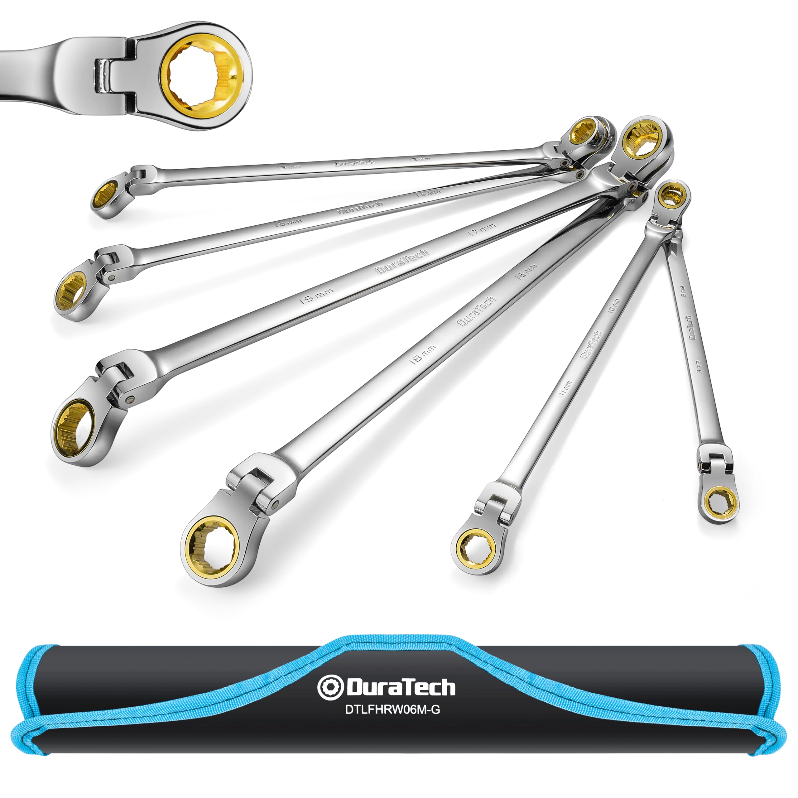 DURATECH Ratchet Glasses Wrench, Flex Ratchet Wrench, Long Type, Compatible with Tanned Bolts and Nuts, 0.3 - 0.7 inches (8 - 19 mm), 72 Gears, Double-Headed Oscillating Type, CR-V Steel, Mirror