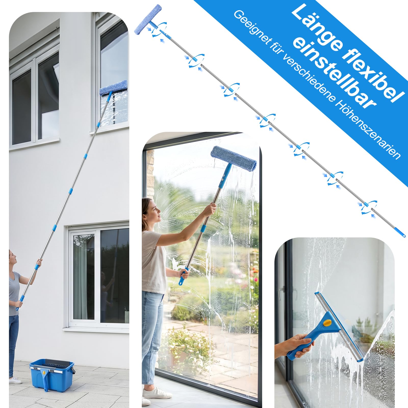 Fensterputzer Set, 3,25m Profi Teleskopstange Fensterreinigung mit Fensterputzeimer 12L, Fensterreiniger Set mit 35,5CM Fensterwischer, Fenster Reinigungsset für Haus, Fenster, Glas, Auto, Outdoor