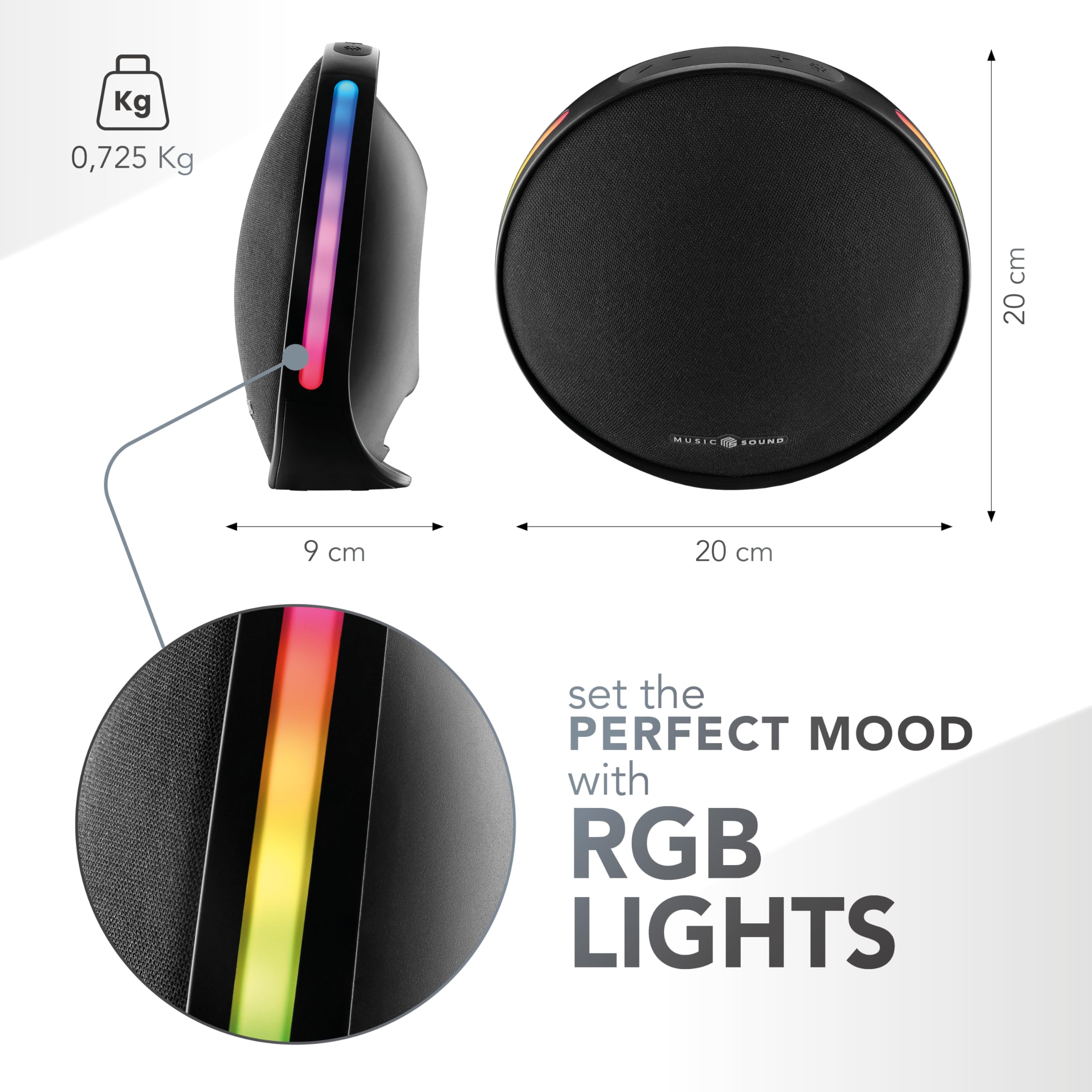 Music Sound Altavoz Bluetooth portátil Vora con 10 W de Potencia, Luces RGB sincronizadas al Ritmo de la música y hasta 6 Horas de autonomía, Negro