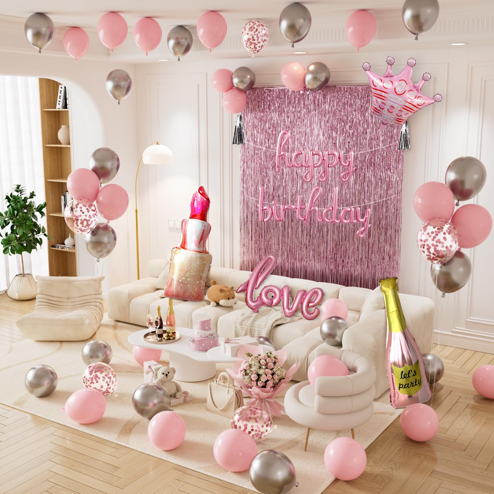 Pink Birthday Decorations for Women - Pink Party Decorations with Happy Birthday Balloons, Foil Fringe Curtain, Crown Champagne Lipstick Love Foil Balloons for Party Supplies โ image 1