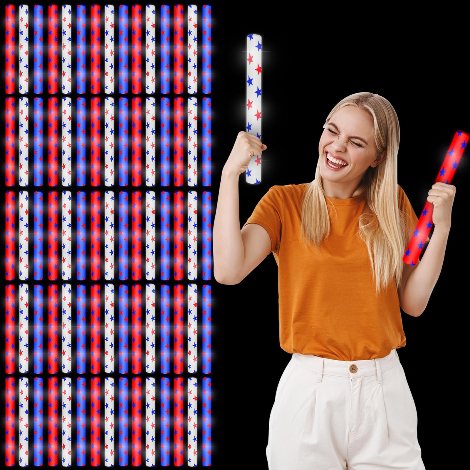 Junkin 4th of July Glow Sticks Bulk 15.8" Red White Blue Glow Sticks Independence Day LED Foam Sticks with Star Pattern Patriotic Light Sticks for Memorial Day Birthday Party, 3 Flashing Mode(72 Pcs)