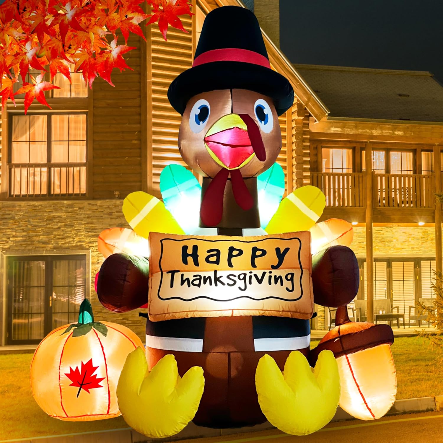 Inflatable Turkey Lawn Decoration Thanksgiving Inflatables Outdoor Yard Decorations 6ft Giant Blow Up Turkey with Pilgrim Hat Led Light for Happy Fall Holiday Indoor Outside Autumn Décor