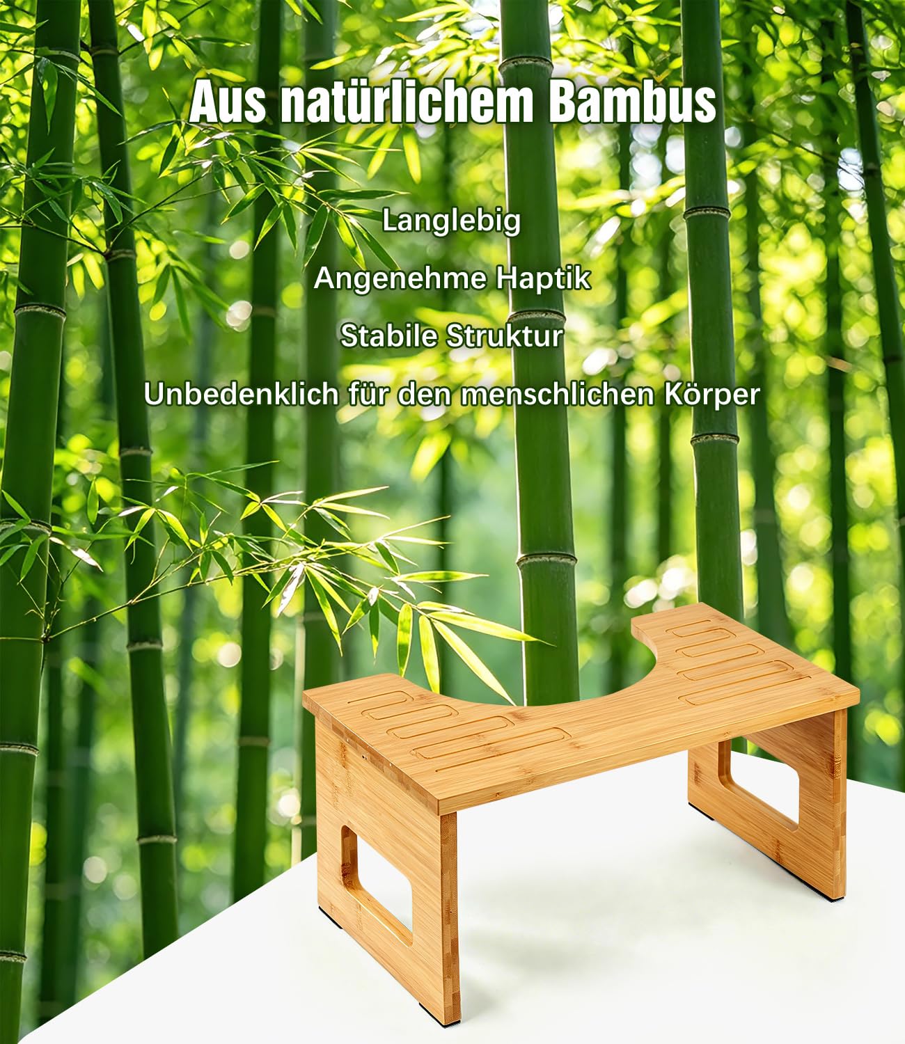 Toilettenhocker aus Bambus Holz für Erwachsene, Klohocker mit Anti-Rutsch-Pads, Ergonomischer WC Hocker für Badezimmer