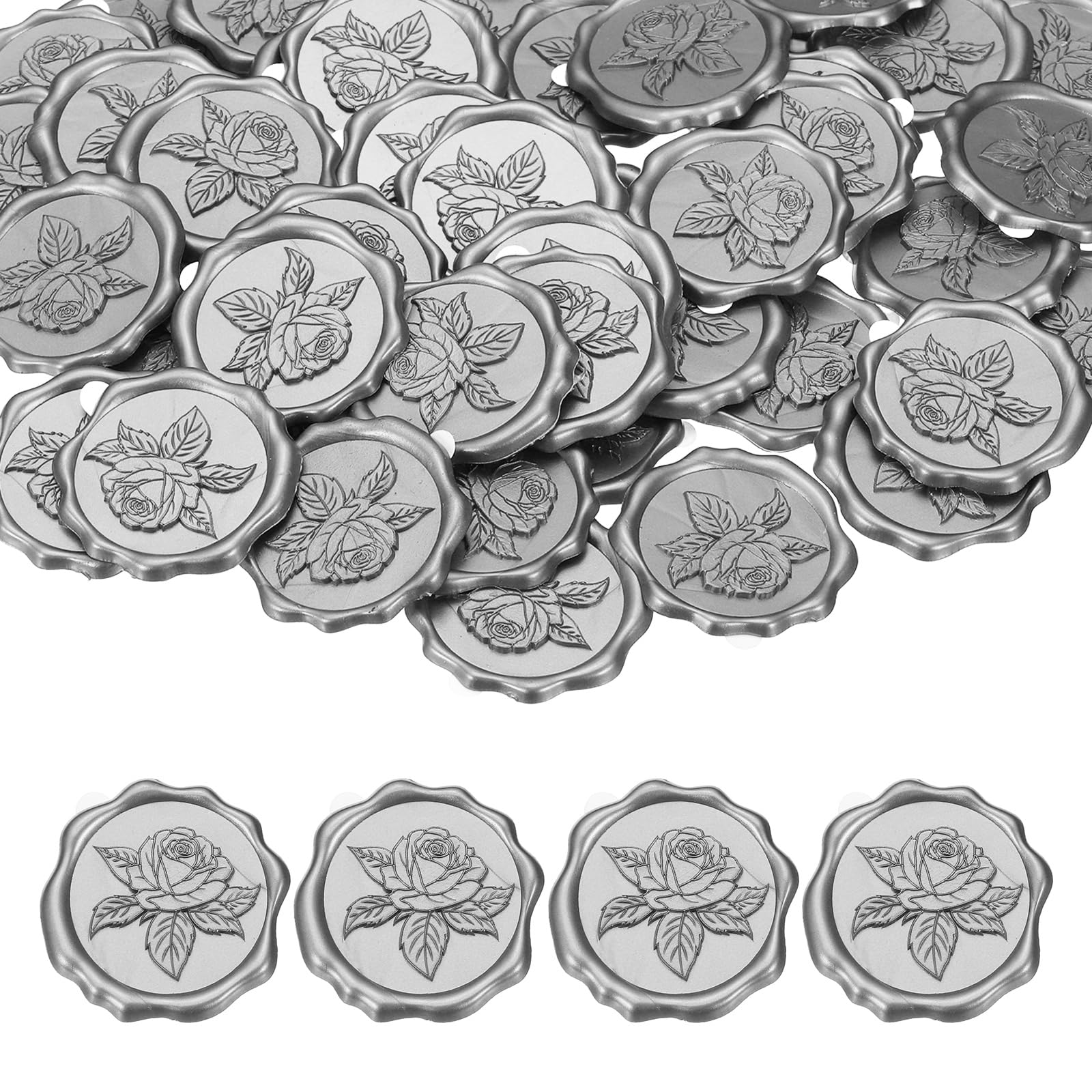 PATIKIL 50Pcs Rose Wax Seal Stickers, Love Embossed Self Adhesive Backed Envelopes Seal Sticker Accessories for Wedding Invitation Letter Birthday Party Gift, Silver