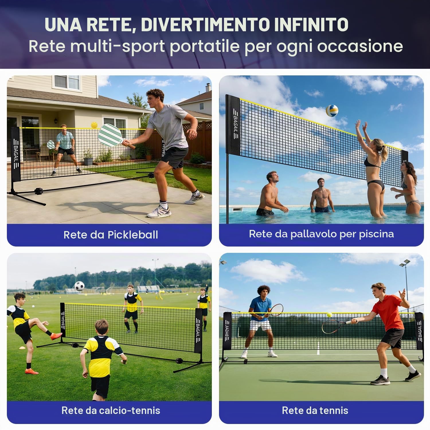 BAGAIL Badminton Net, Rete di Nylon Pieghevole, Supporto regolabile Hieght e Borsa da trasporto portatile, Facile da montare o smontare, Ideale rete sportiva ricreativa per tennis, Badminton.
