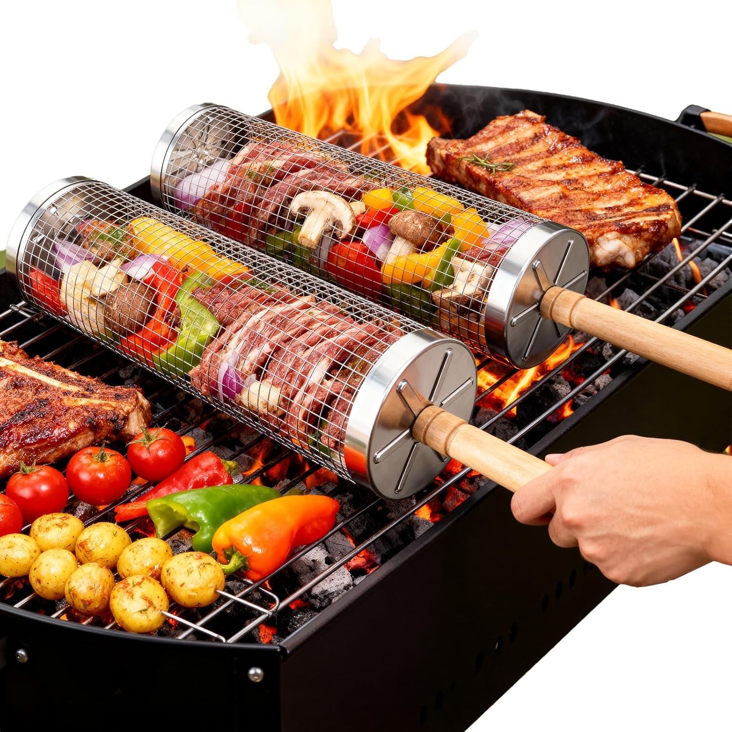 Rolling Grill Basket Set, Removable Wooden Handle, 304 Stainless Steel, Nesting Grilling Net, BBQ Accessories Tools for Vegetables Shrimp, Outdoor Cooking Camping,Birthday Gifts for Men Dad