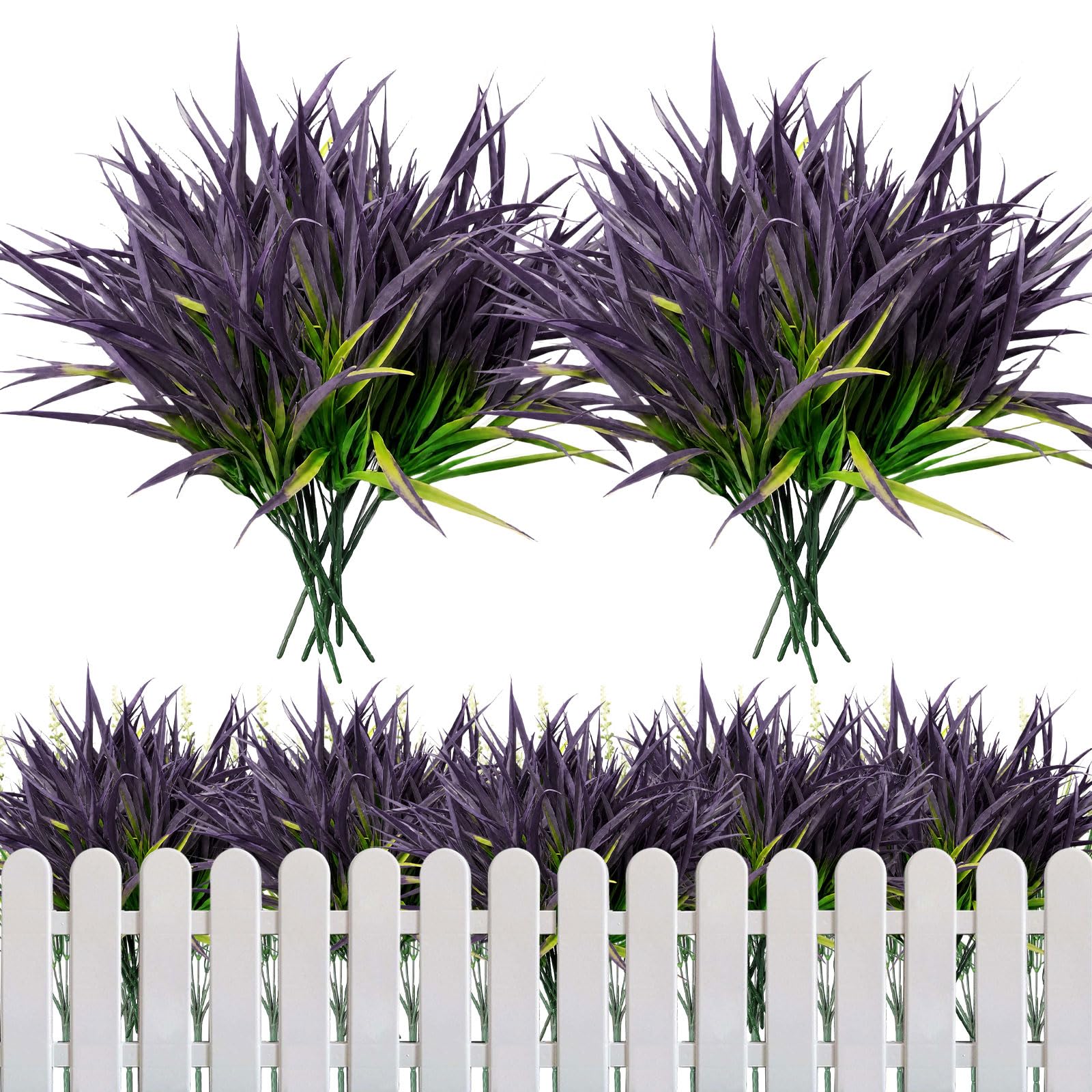 CECOMBINE 24 Bundles Artificial Grass Plants Outdoor, Fake Ornamental Grass Greenery Stems with Purple Tips, UV Resistant Faux Grass Shrub Bushes for Garden, Porch, Patio, Window Box Decor