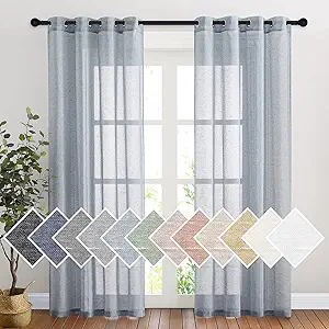 NICETOWN Linen Textured Semi Sheer Curtains 84 inches Length, Eyelet Top Bedroom Window Privacy Translucent Light Filtering Flax Sheer Drapes for Guest Room, 52 inches Wide, 2 Panels, Sea Mist