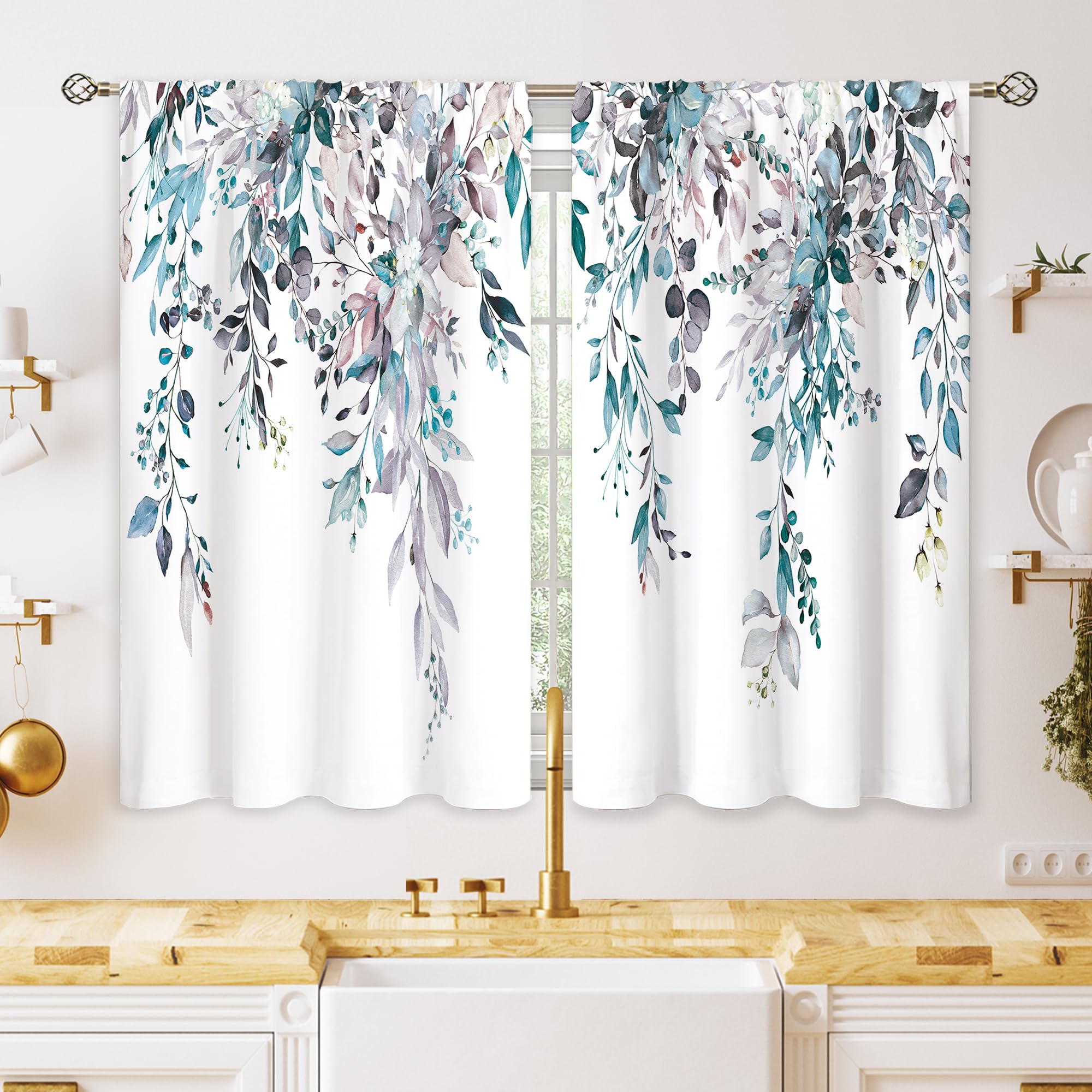 oolygoo Blue Grey Eucalyptus Botanical Leaves Floral Kitchen Window Curtains Over Sink Farmhouse Flower Leaf Small Window Treatment Cafe Short