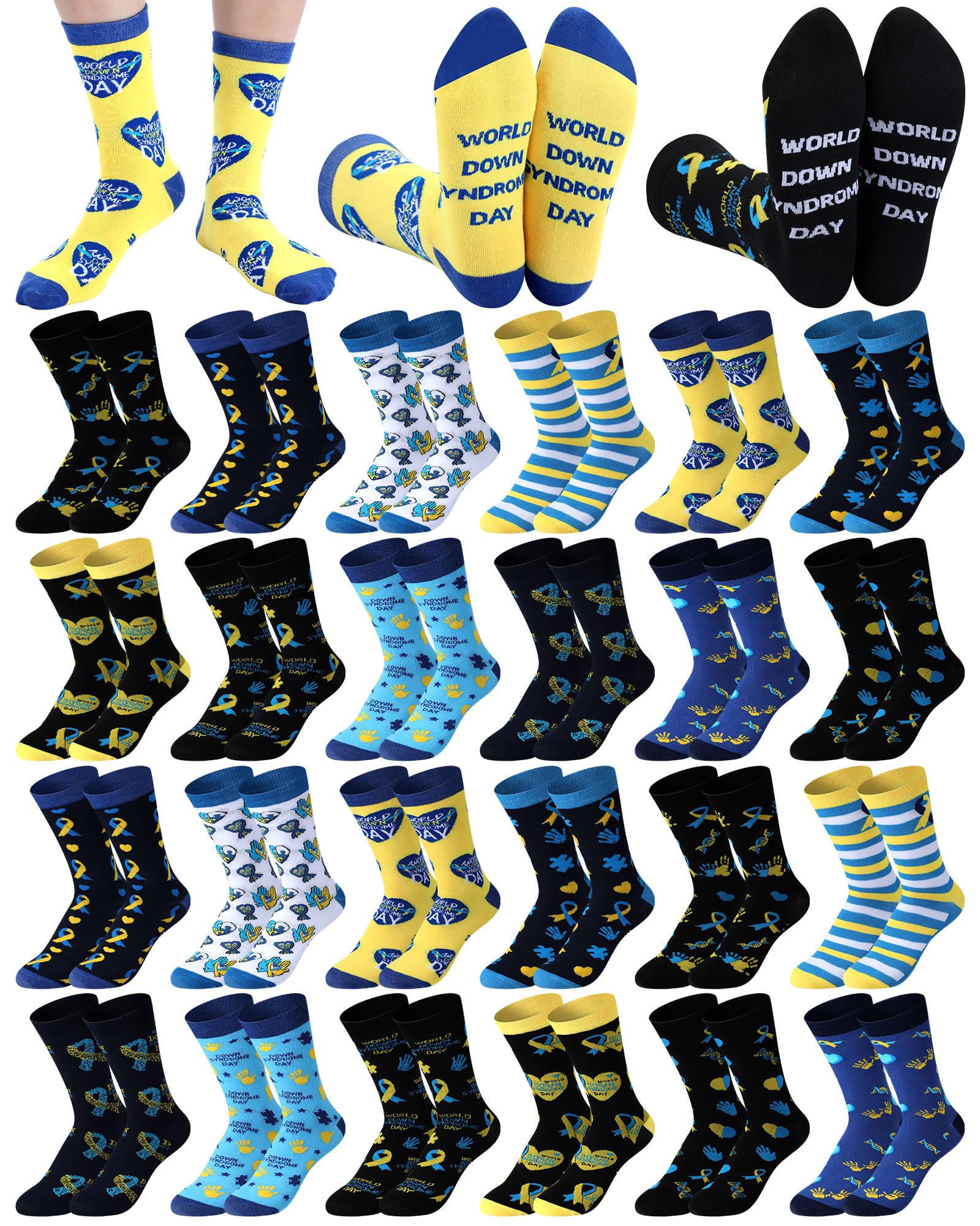 36 Pairs Down Syndrome Awareness Socks Bulk World Down Syndrome Day Crew Socks for Men Women Blue Yellow Ribbon Awareness Supplies Gifts for School Publicity Charity Campaigns Events
