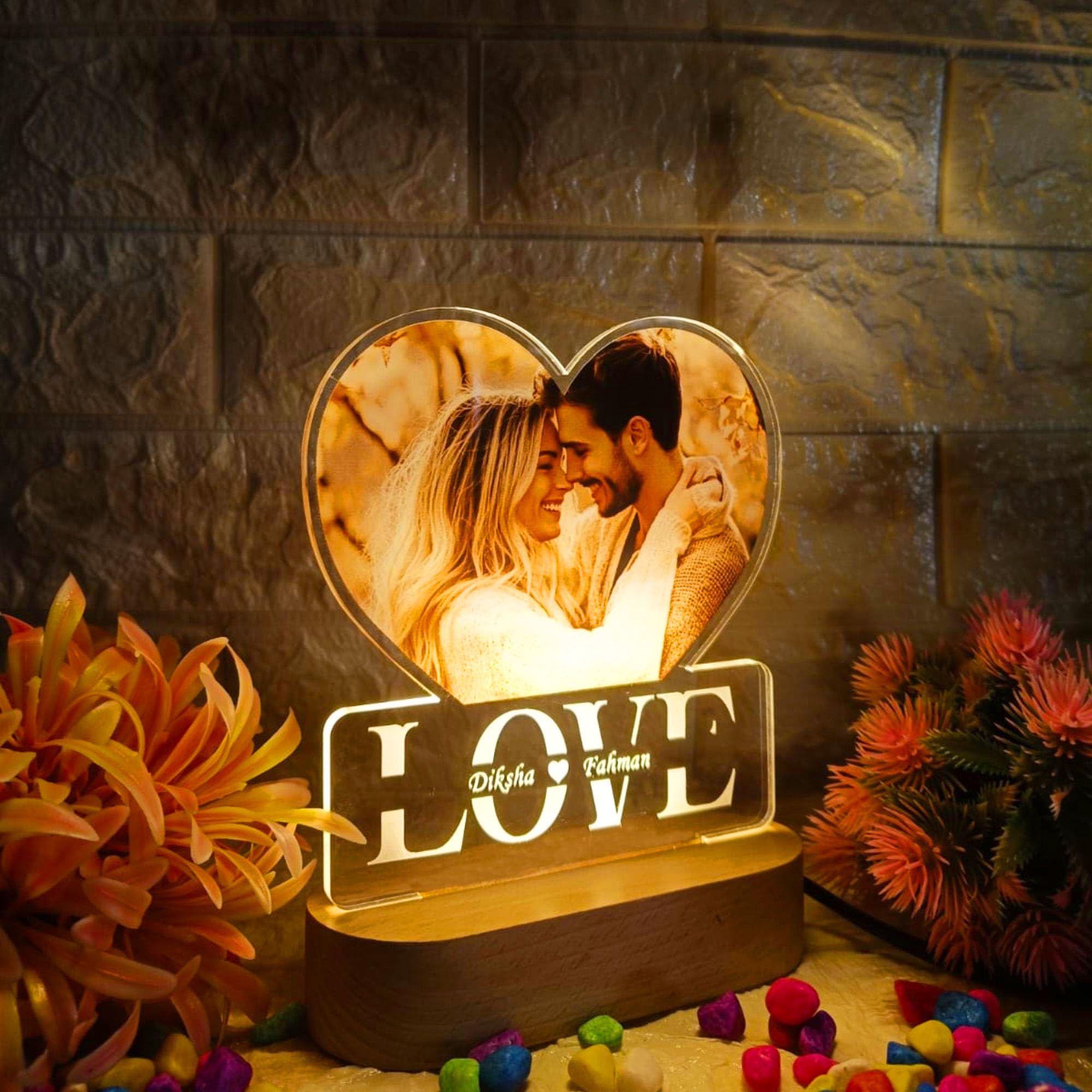 SHAYONA Personalized Warm White Color LED Table Lamp Name Engraving for Couple Gift for Anniversary, Wedding, Marriage, Valentine Day- Wooden Base Design (UVL 29) 3
