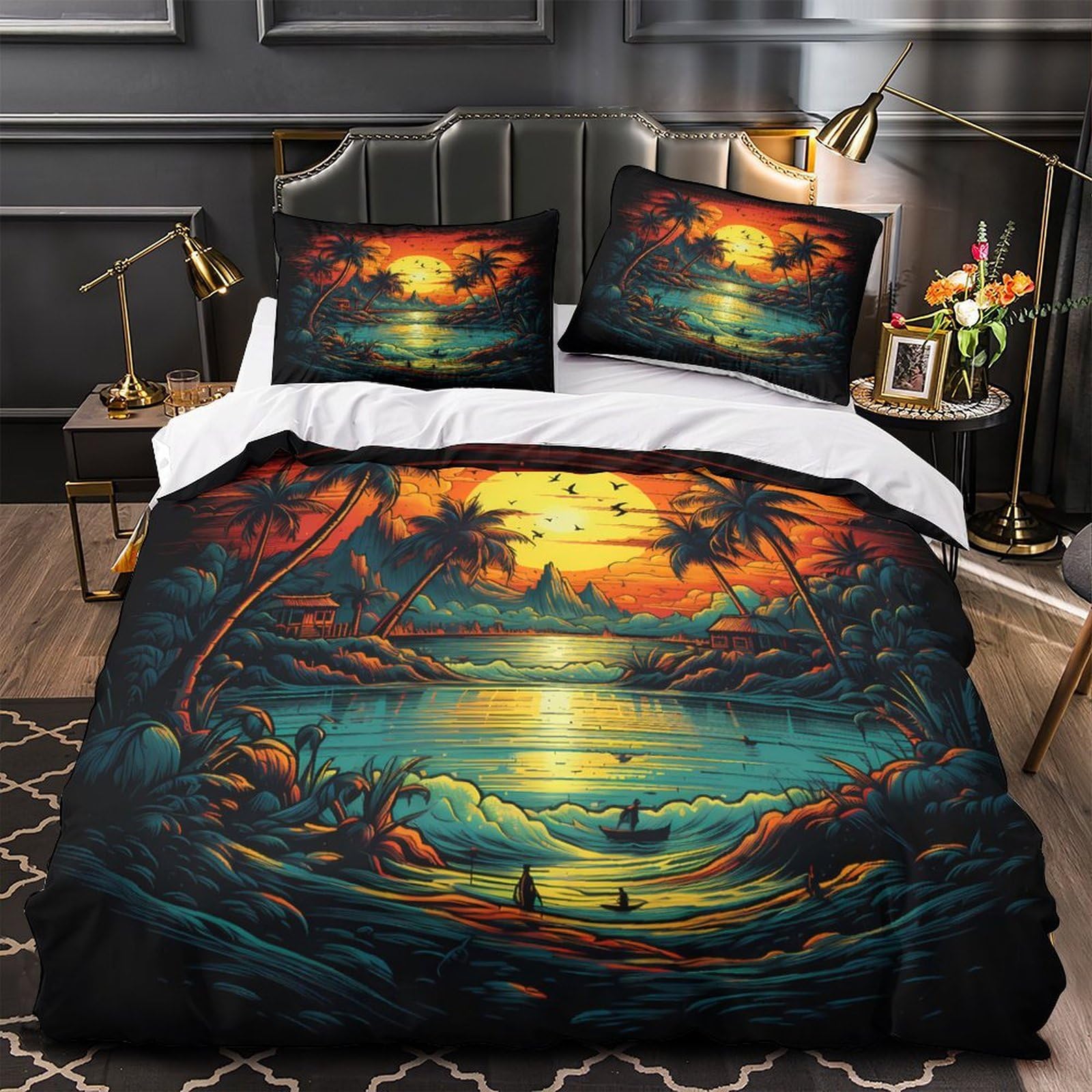 Housse de couette coucher de soleil 3D 200x200cm en microfibre douce avec parure