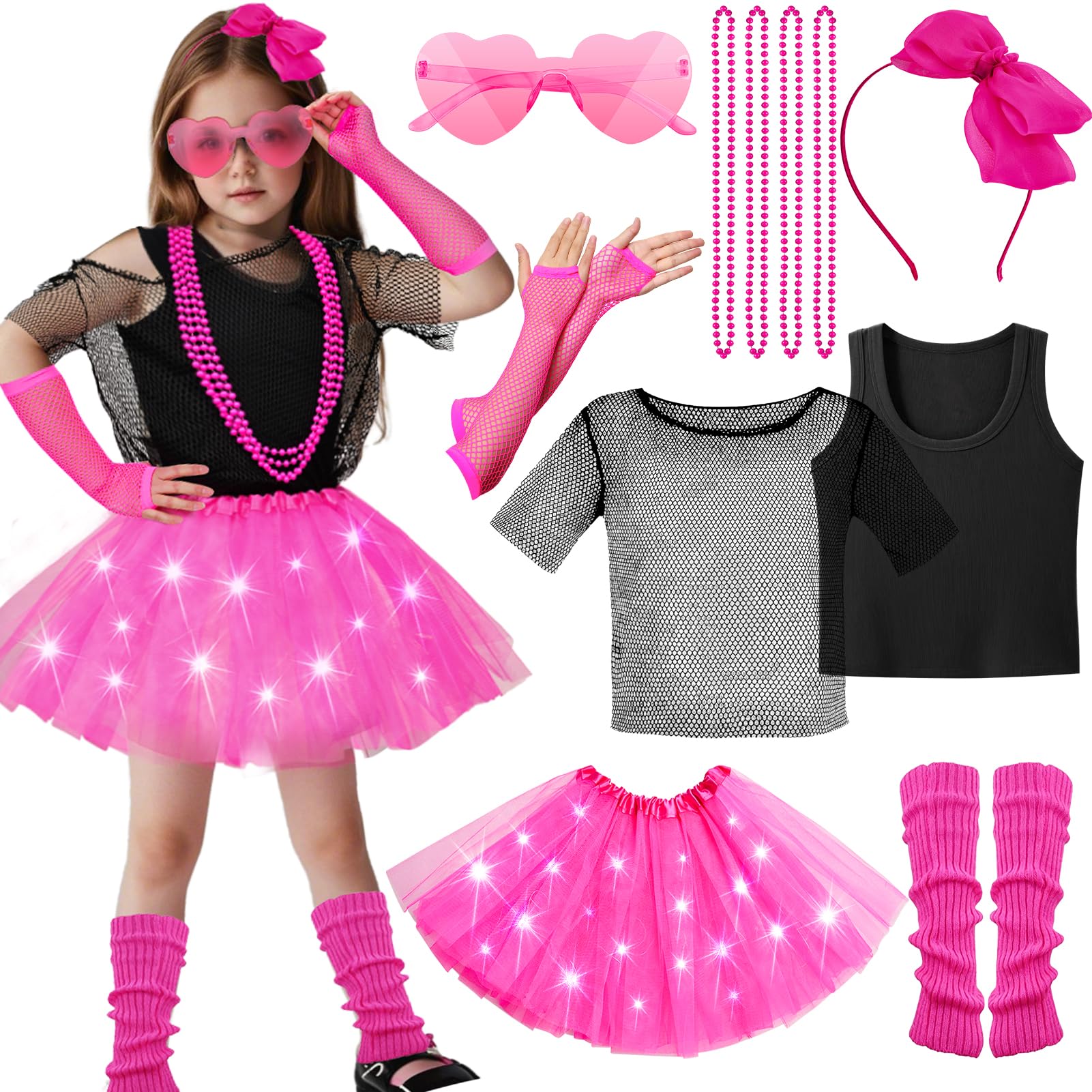 Super Big Sister 13pcs Girls 80s Outfit Costume Accessories Light Up Tutu Shirt Outfits Halloween 1980s 90s Theme Retro Party
